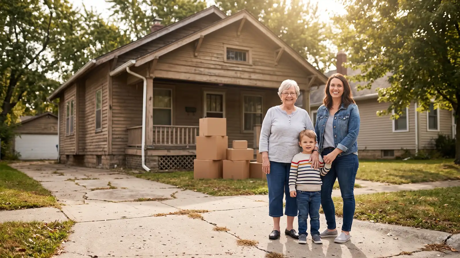 Multigenerational family outside a modest Michigan starter home purchased with a HomeReady mortgage