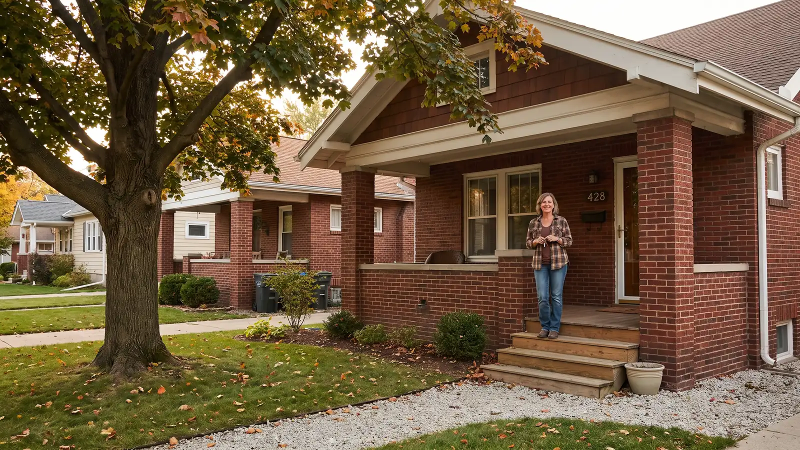Homeowner on the porch of a Michigan brick home, illustrating the homestead exemption for a primary residence