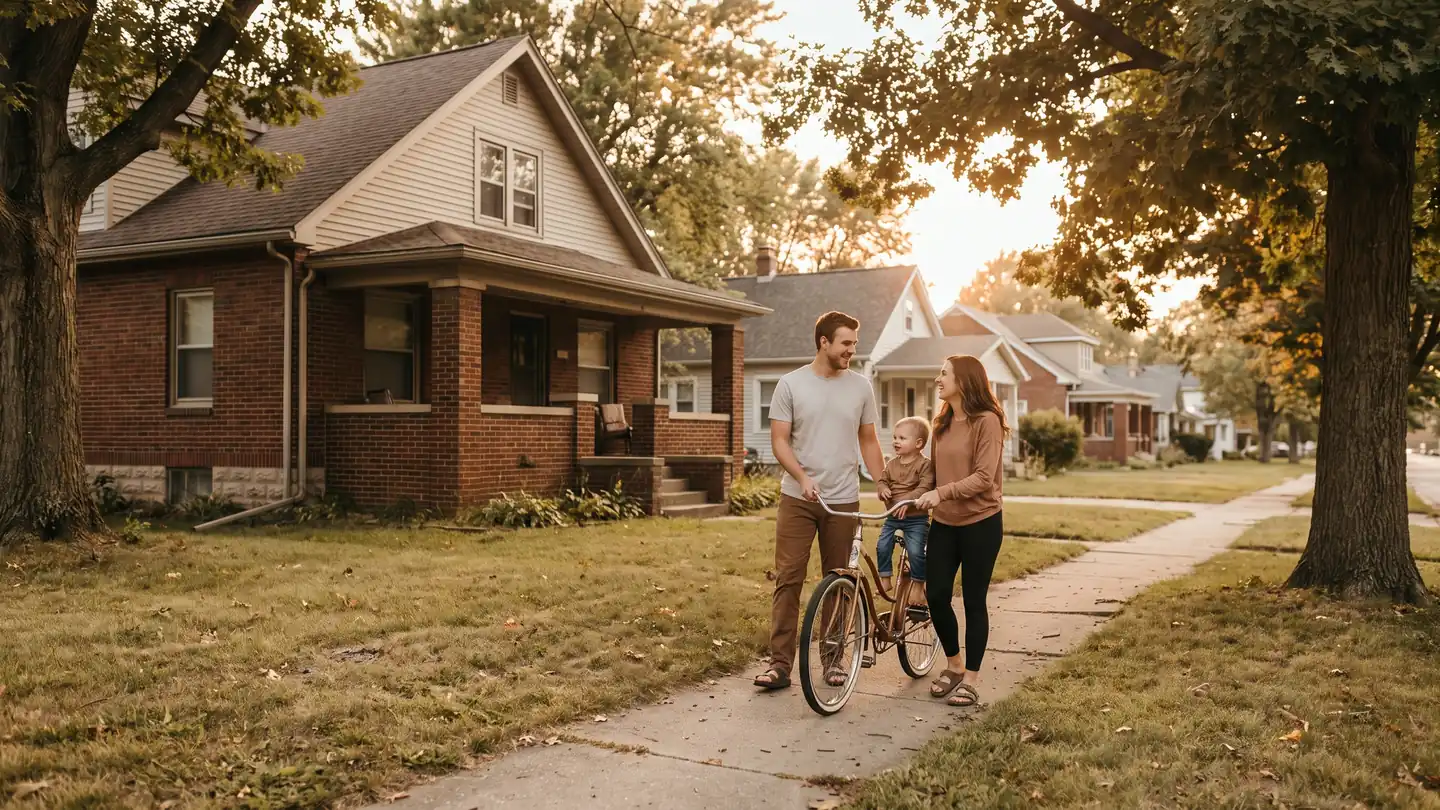 Young Midwestern family outside a modest home weighing housing affordability before making an offer
