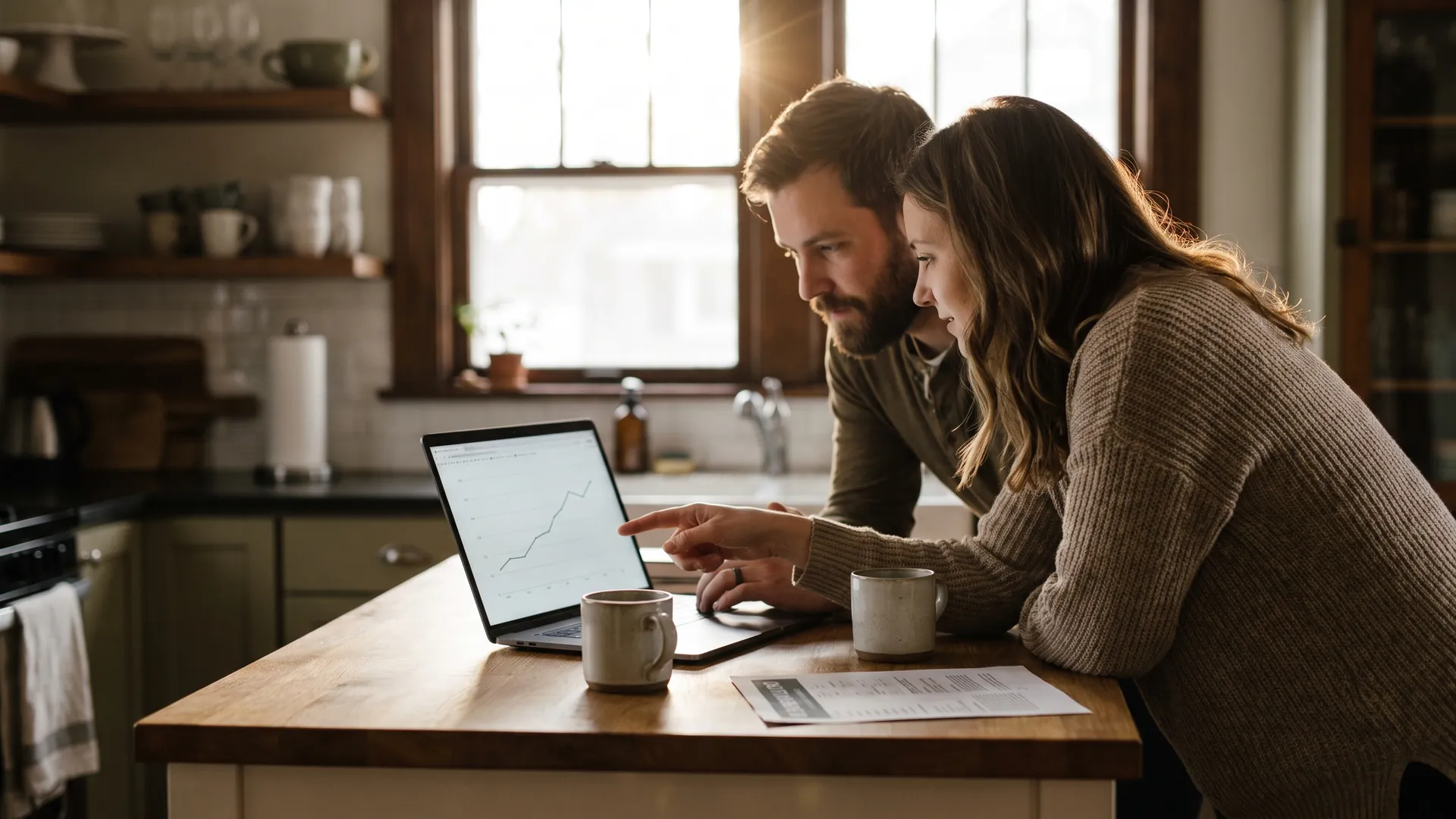 Couple reviewing housing market charts on a laptop at a sunlit kitchen island in a Michigan home