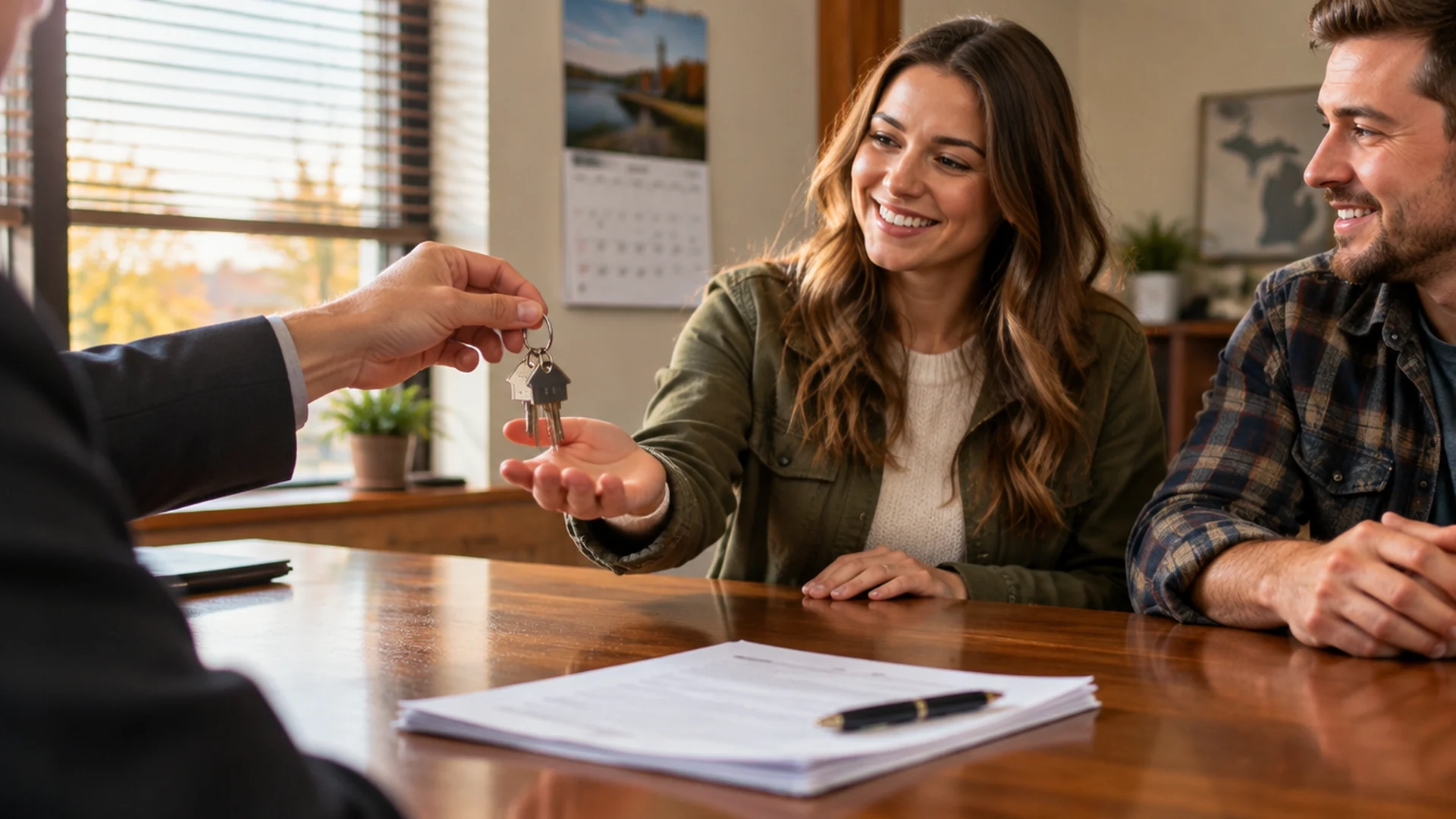 Home buyer checking dates on a wall calendar beside closing paperwork in a Michigan home
