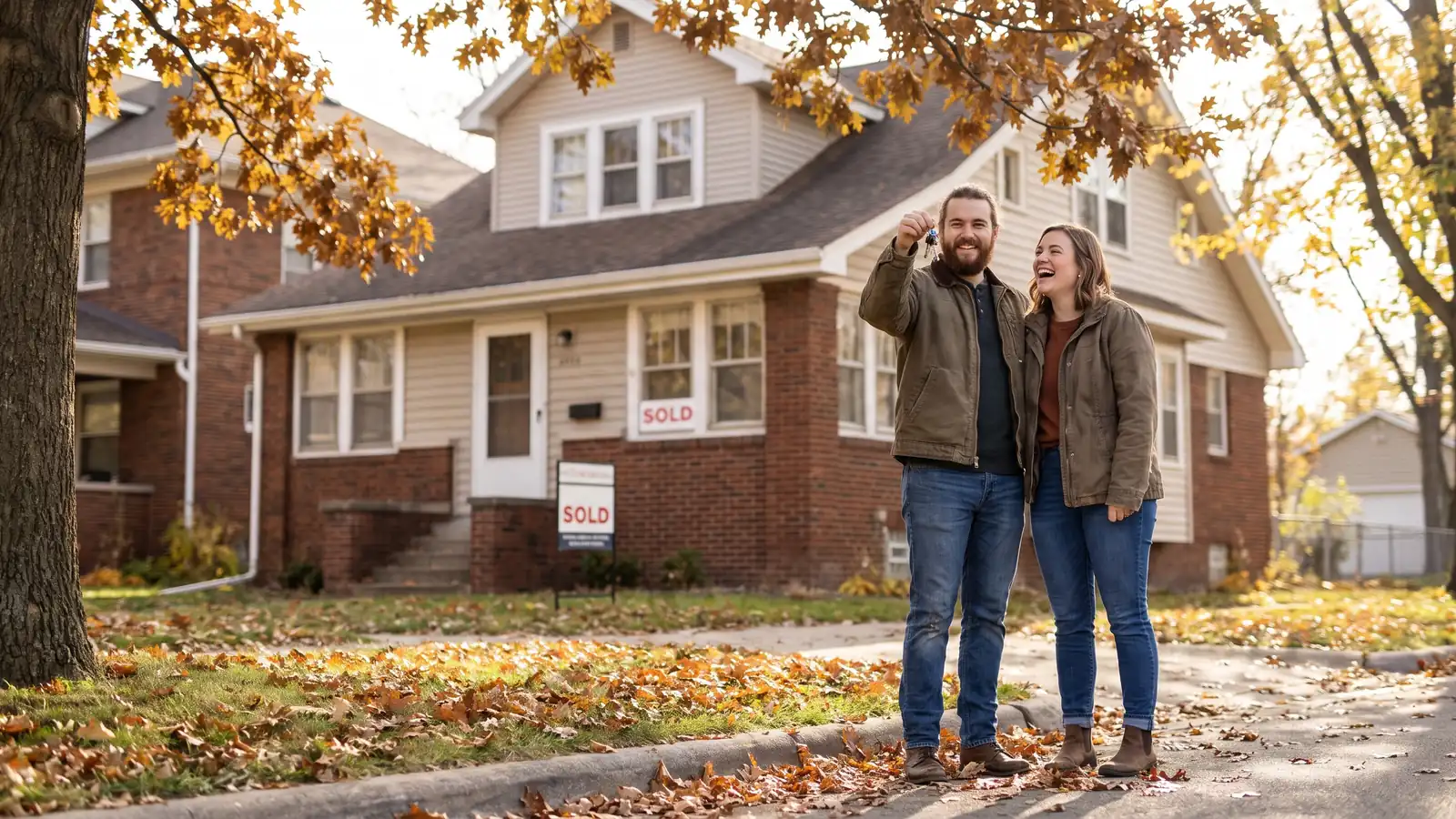 Couple outside their first home after learning what a mortgage is and how home loans work