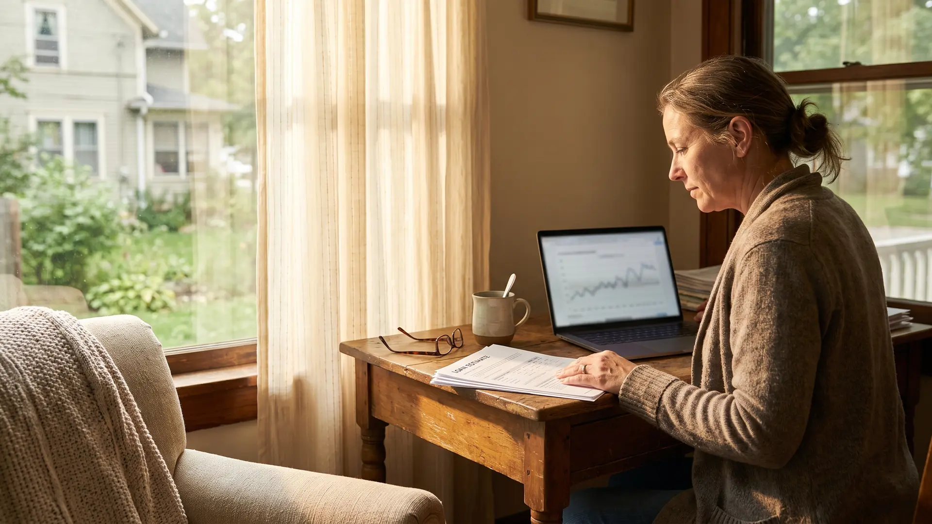 Homeowner at a sunlit desk comparing two loan estimates while reviewing mortgage rate information