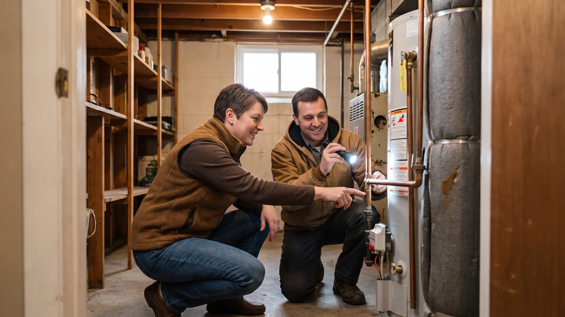 Seller and contractor inspecting a basement water heater while sorting through buyer repair requests before closing