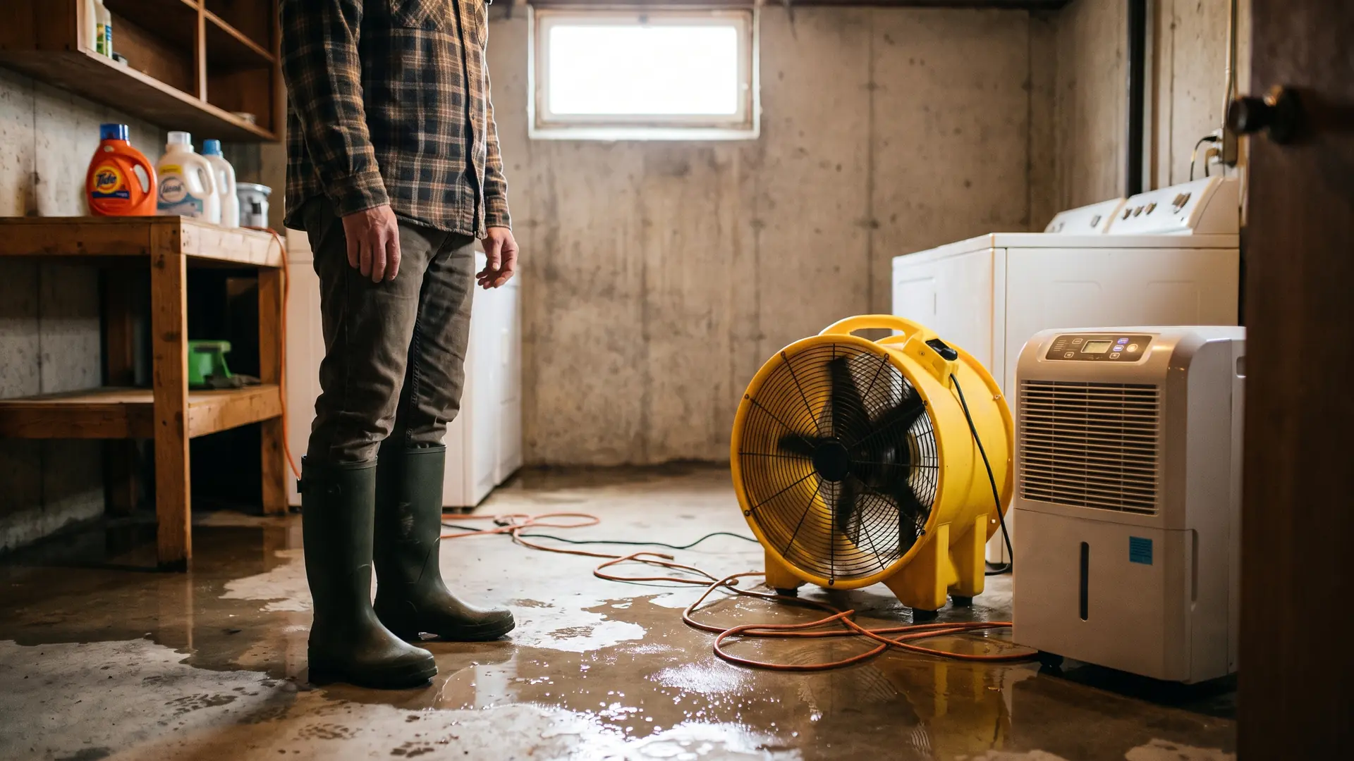 Homeowner drying a flooded basement with fans and a dehumidifier while addressing water damage in the home