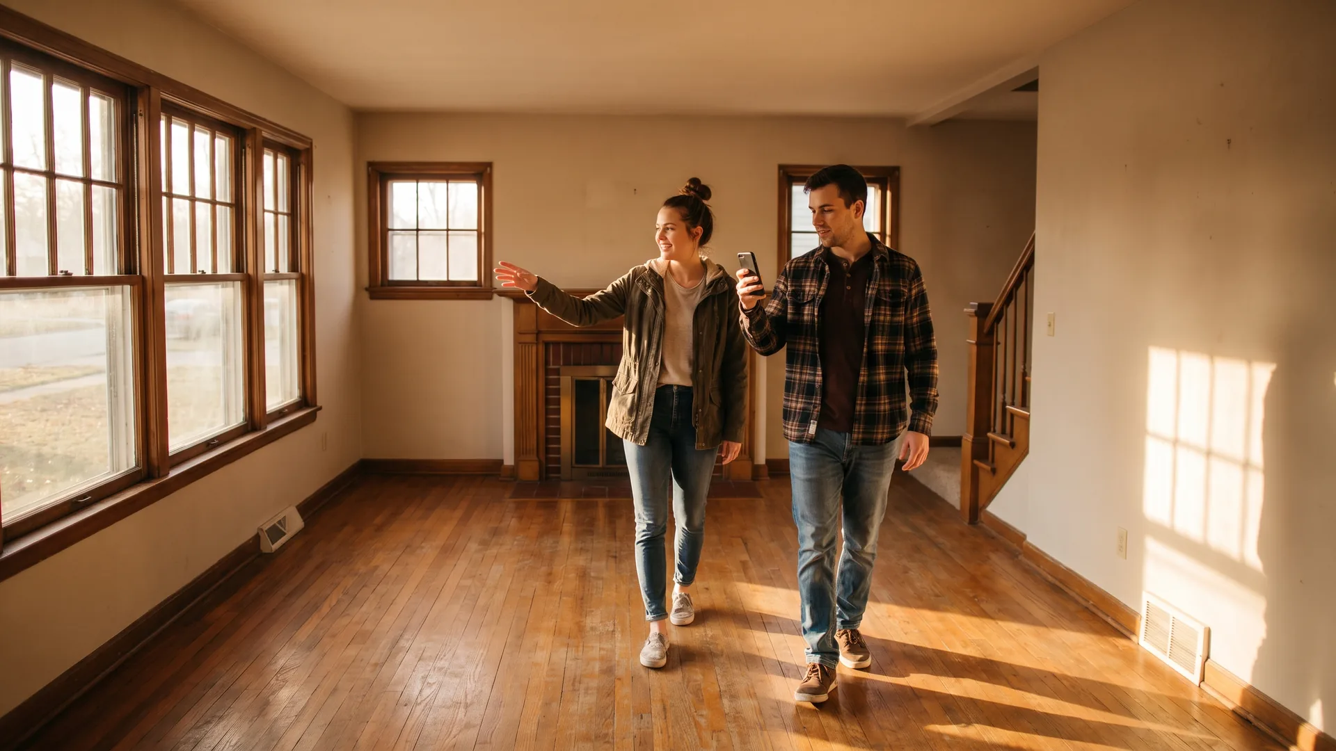 Couple touring an empty rental house while evaluating the property's rental potential and condition