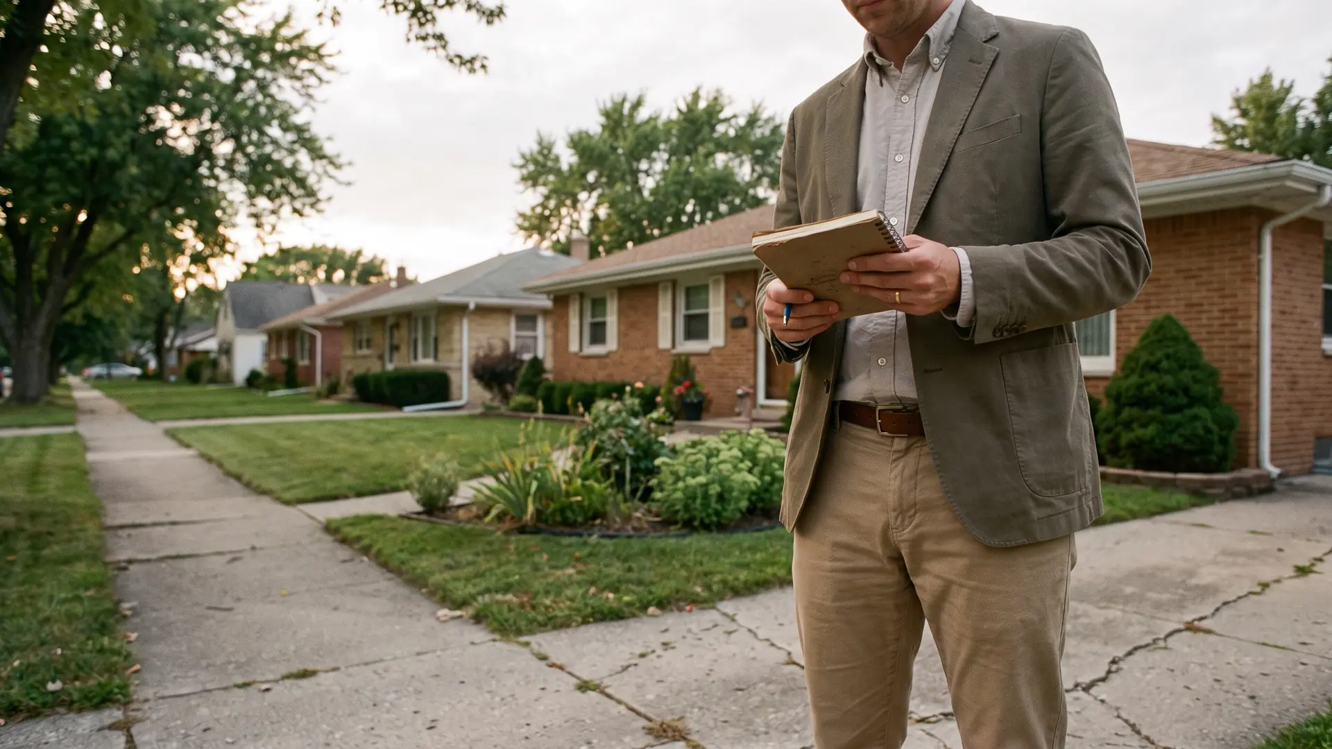 Investor studying a tree-lined neighborhood while learning how to assess a home's resale potential