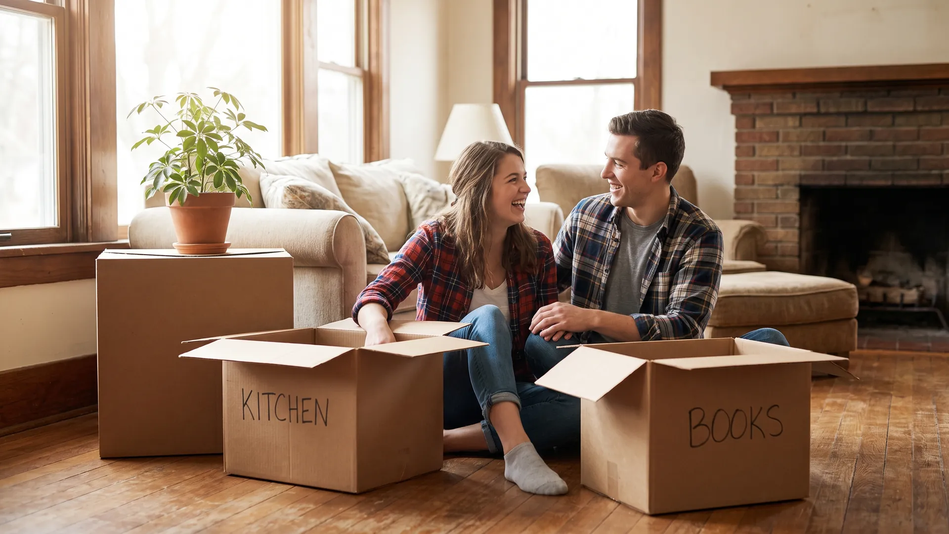Happy couple unpacking in their new living room after learning how to avoid buyer's remorse