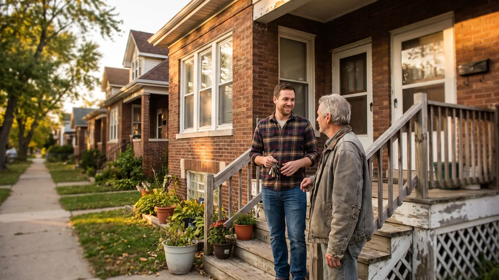 New real estate investor holding keys on the porch of a two-unit house after closing on a first rental property