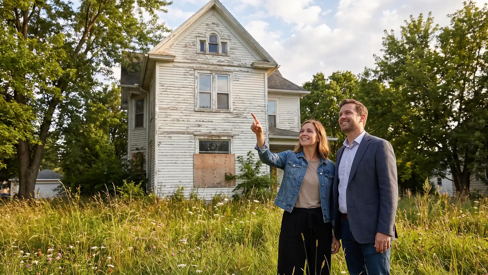 Buyer and agent evaluating a fixer-upper property while learning how to buy a foreclosed home