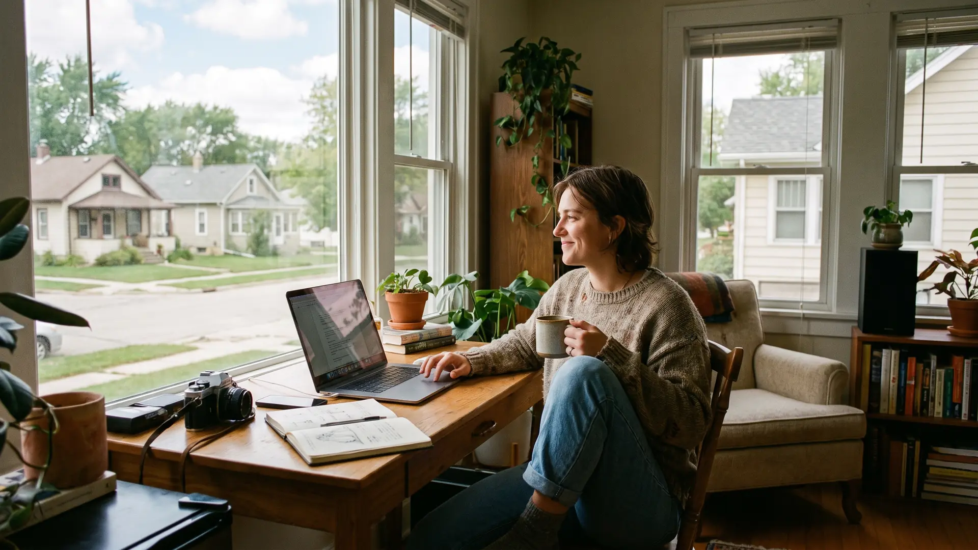 Freelancer working from a home office while planning how to buy a home with irregular income