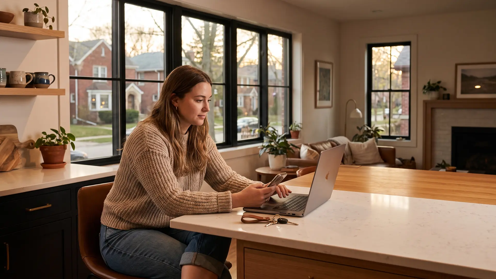 Tech-savvy buyer comparing options on how to buy a home with cryptocurrency from a modern kitchen island
