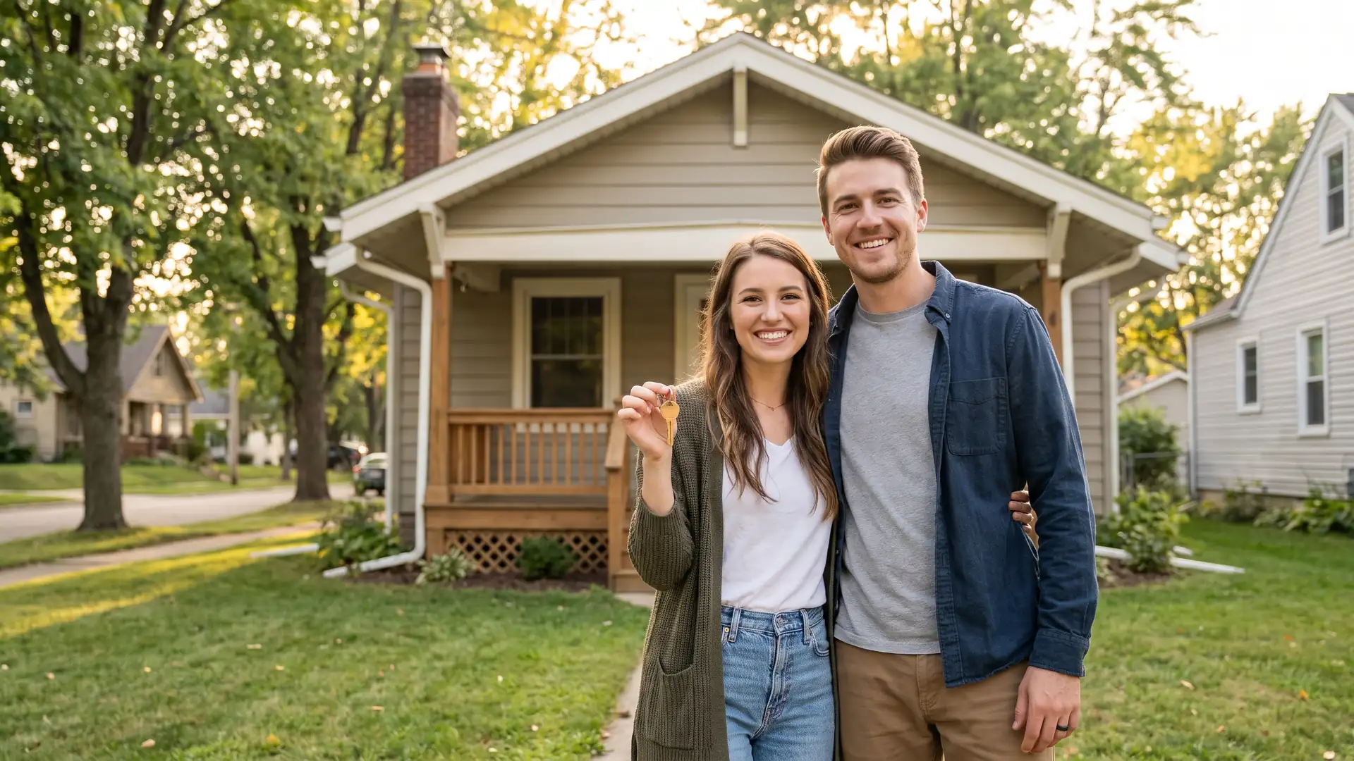 Young couple holding keys to their first house after learning how to buy a home with student loan debt