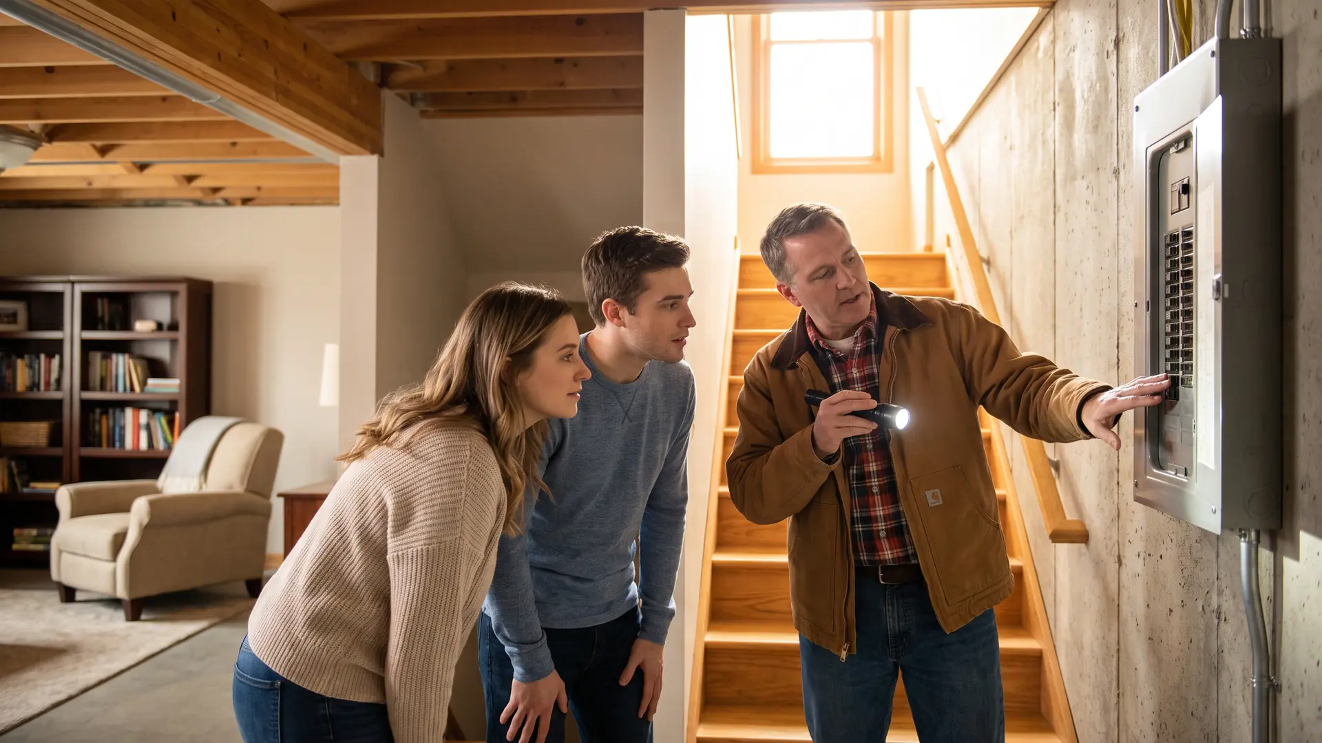 Home inspector showing first-time buyers an electrical panel during a basement inspection