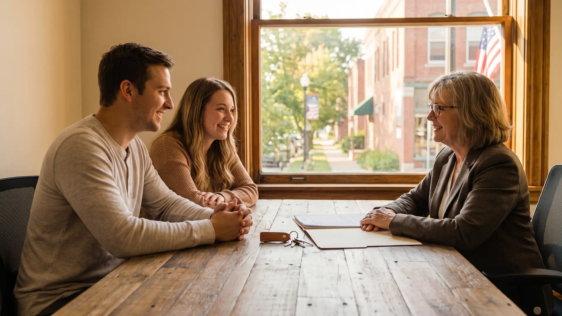 Home buyers meeting with a title company professional at a conference table before closing on a house