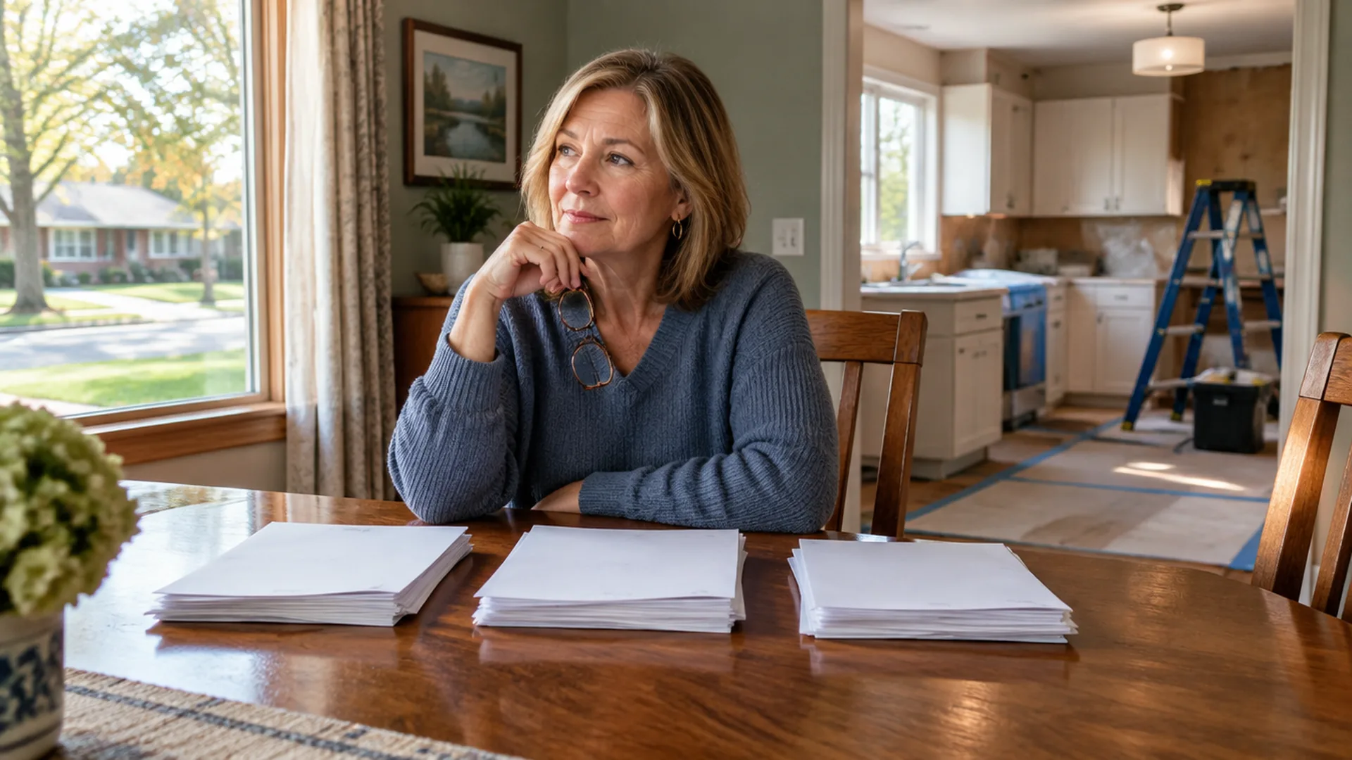 A homeowner at a dining table reviewing home equity line of credit paperwork from several lenders