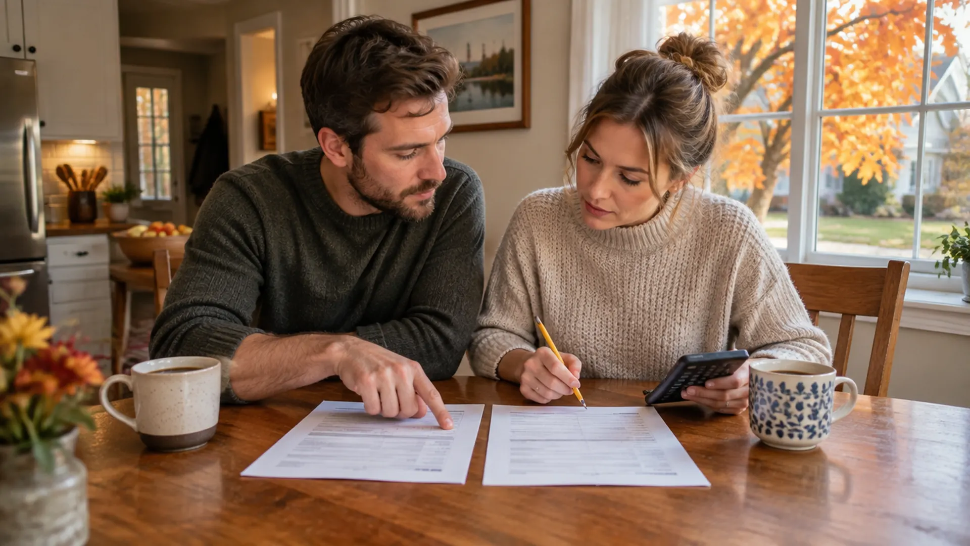 A couple at a kitchen table comparing two printed mortgage Loan Estimates side by side