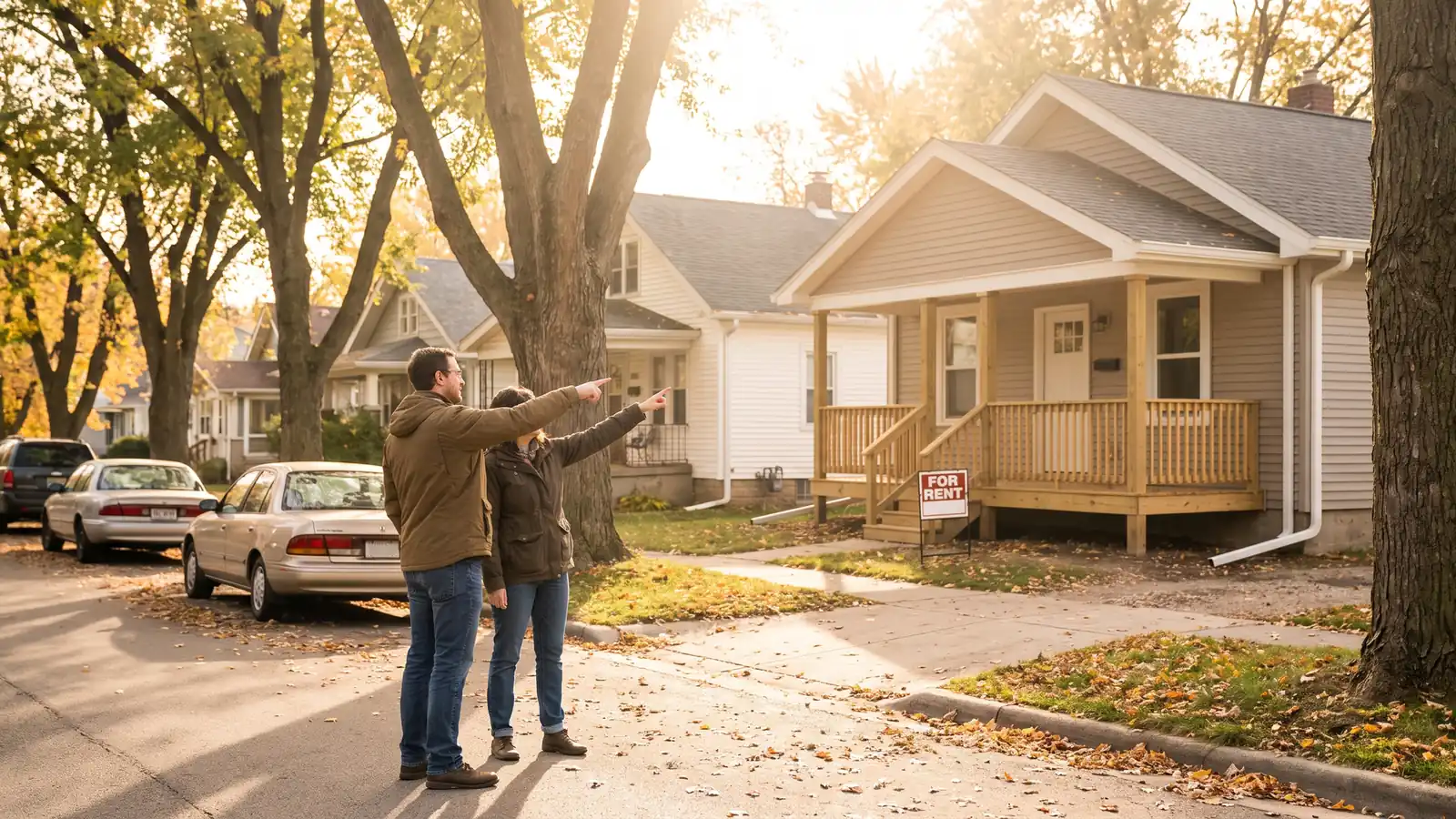 Two investors touring a Midwestern neighborhood while evaluating a real estate market for investment