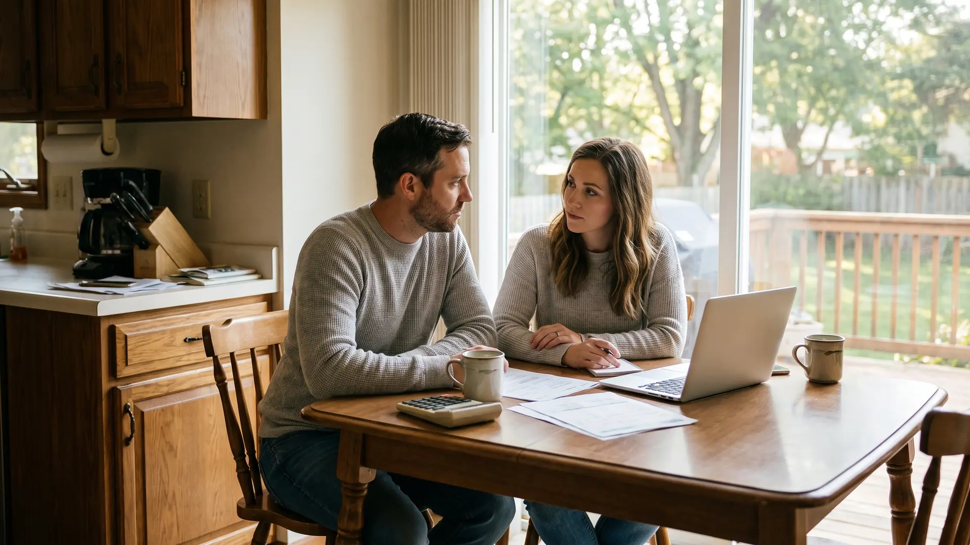 Couple reviewing retirement savings at a kitchen table while deciding how to finance a home purchase with a 401(k)