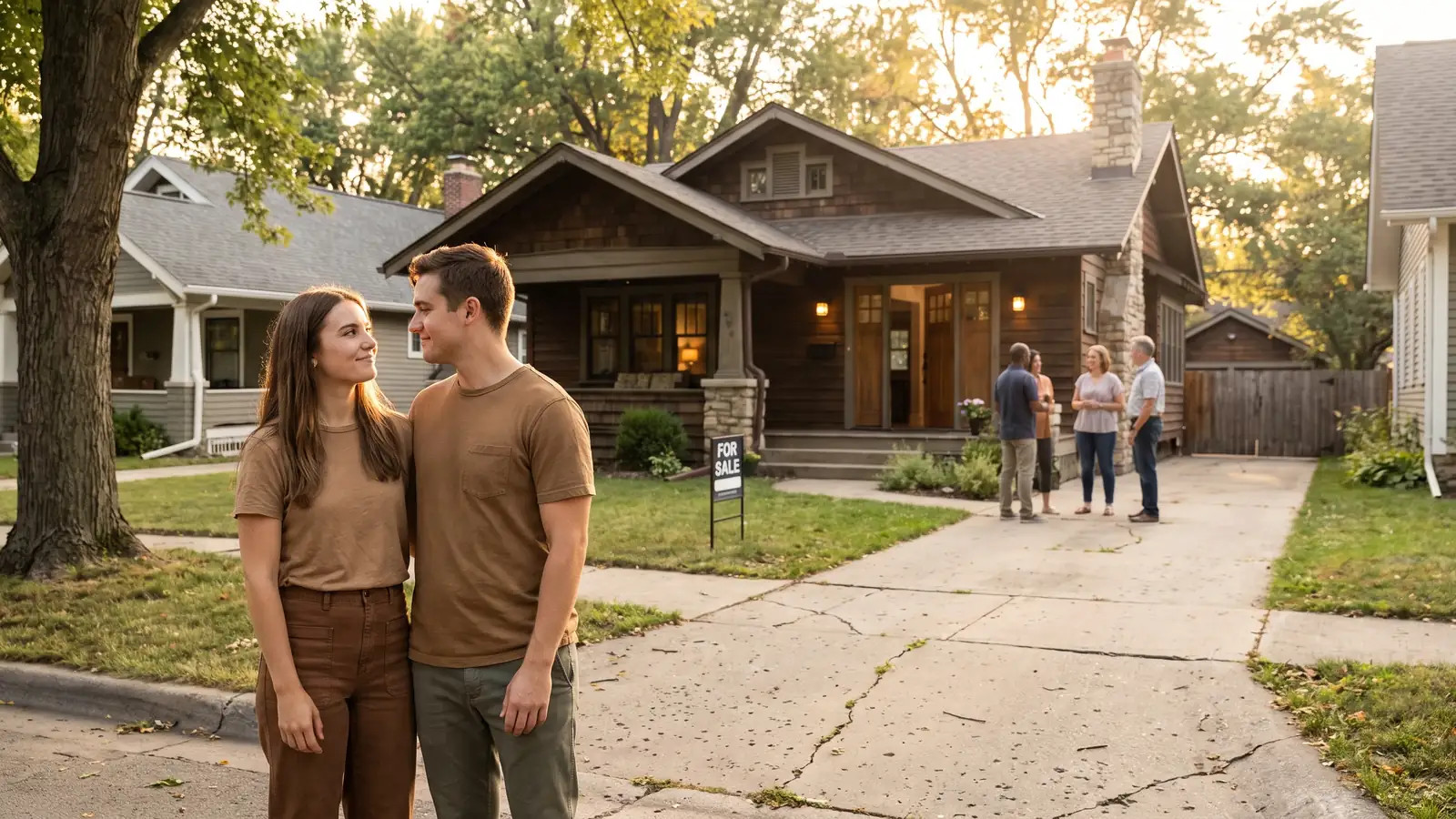 Hopeful buyers outside a bungalow with competing house hunters behind them during a bidding war