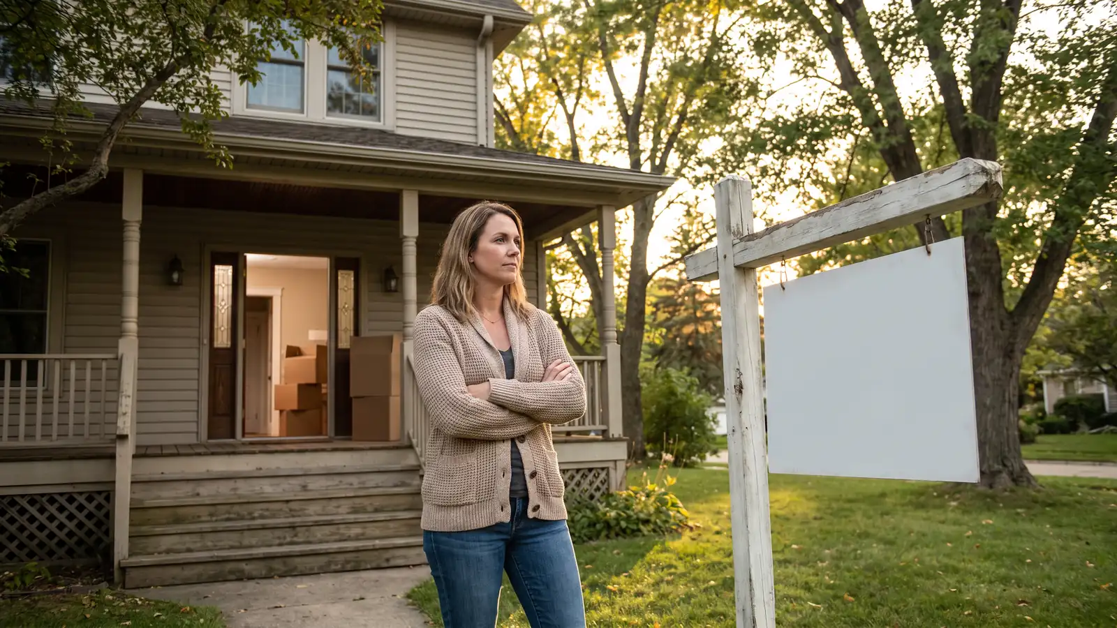 Homeowner on her porch beside a blank yard sign after a buyer backing out of the home sale