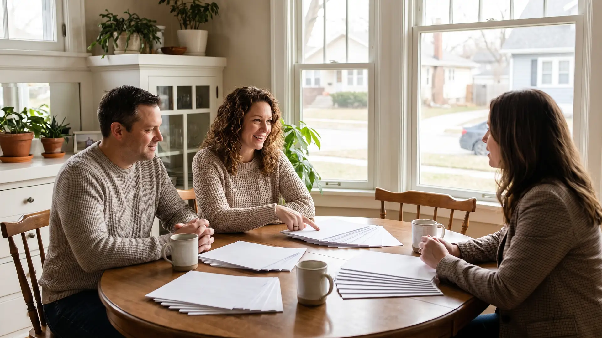 Sellers and their agent comparing several offer packets at a dining table while deciding how to handle multiple offers