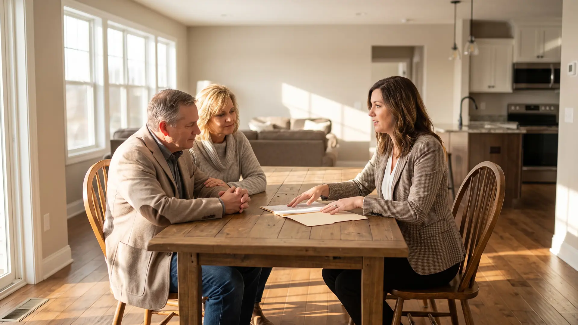 Home buyers reviewing seller disclosures with their agent at a dining table before finalizing a purchase