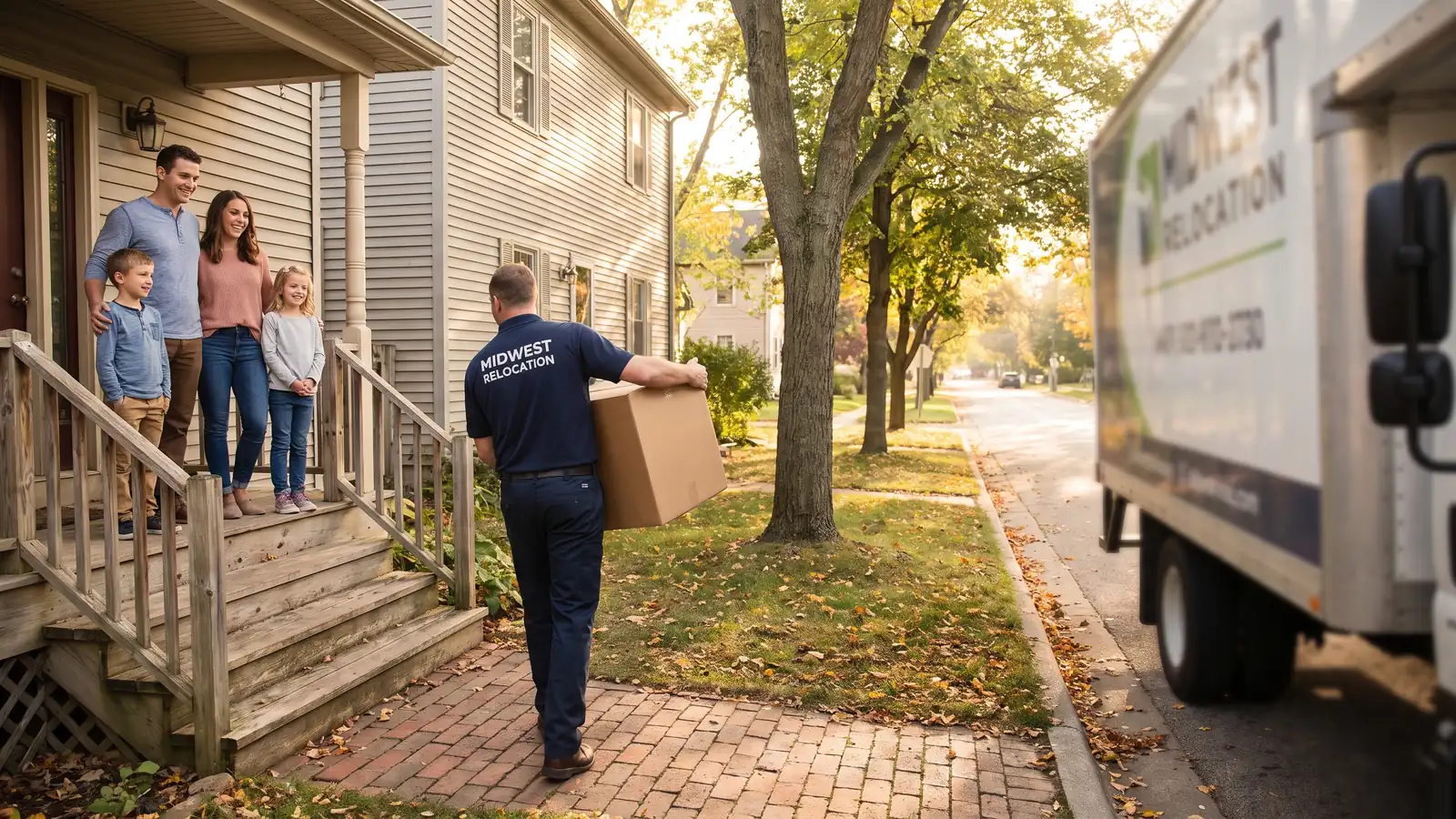 Professional mover carrying boxes into a new home while the family looks on after hiring movers