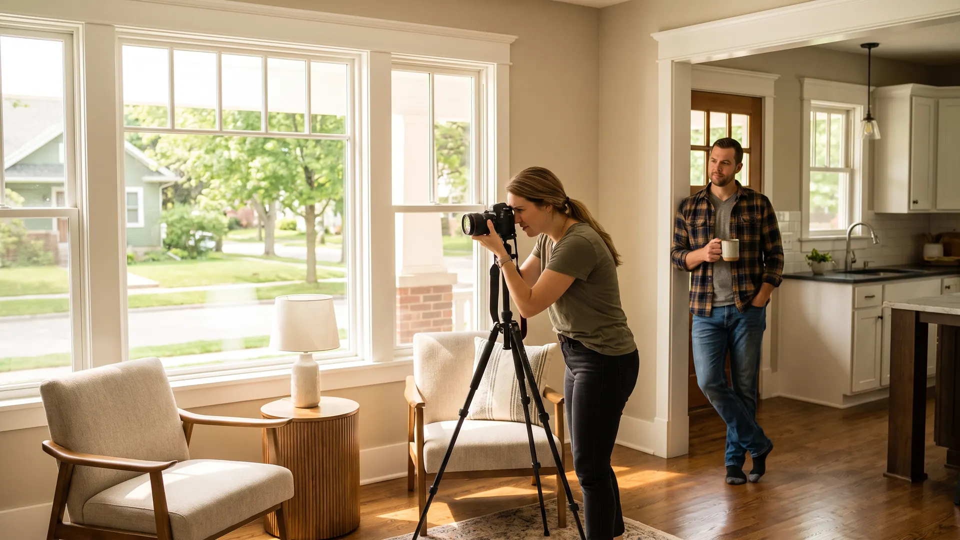 Photographer shooting a staged living room for listing photos while marketing a home online