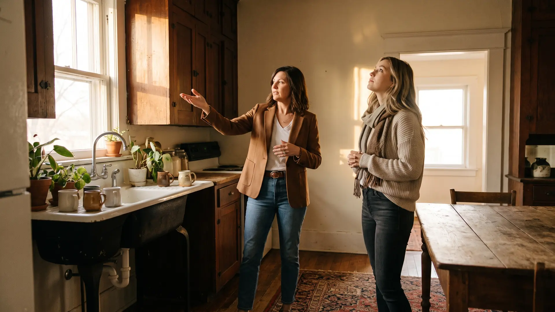 Buyer and agent discussing negotiation strategy in a dated kitchen while working to negotiate the house price