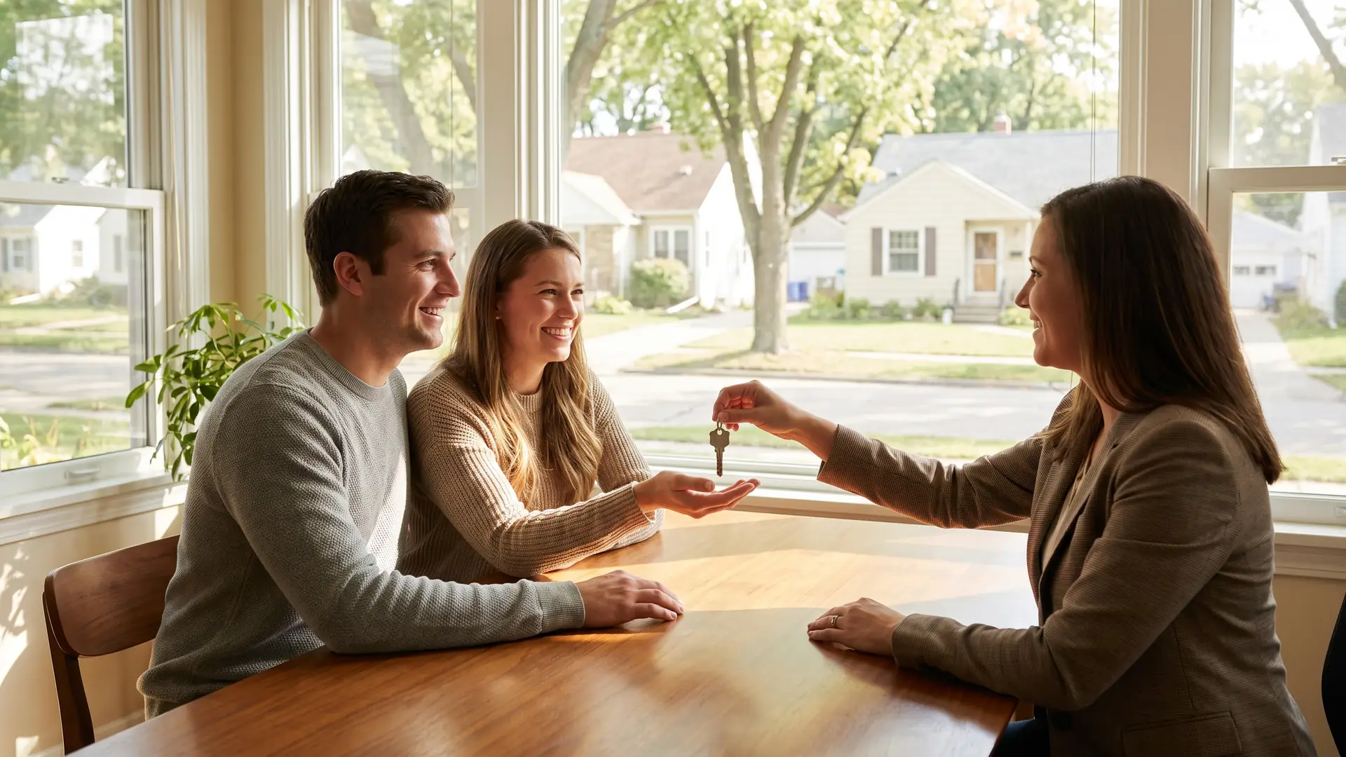 Couple receiving keys at the closing table after preparing for a smooth home closing