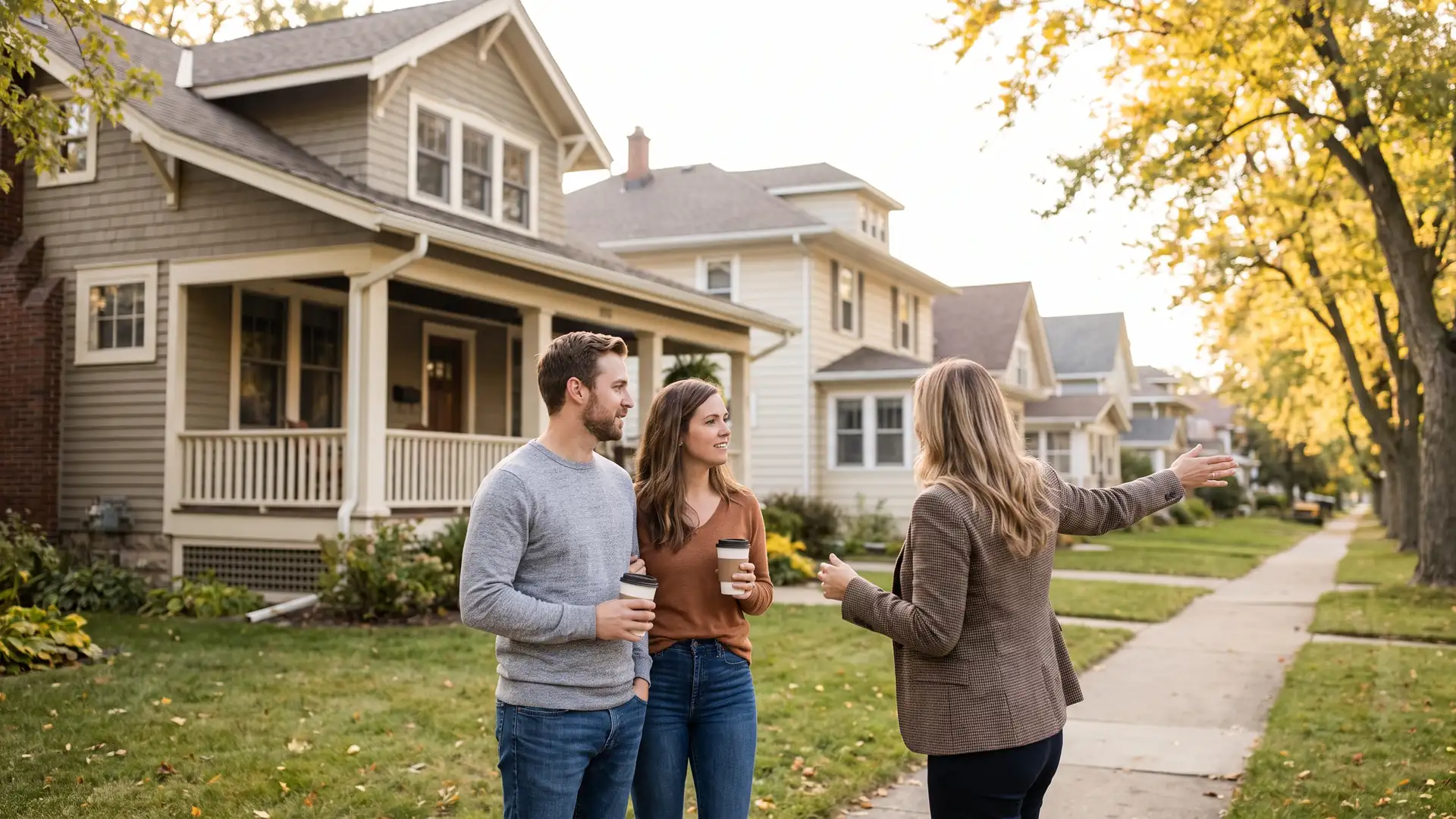 Sellers and agent comparing neighboring homes on the sidewalk while deciding how to price a home for a quick sale