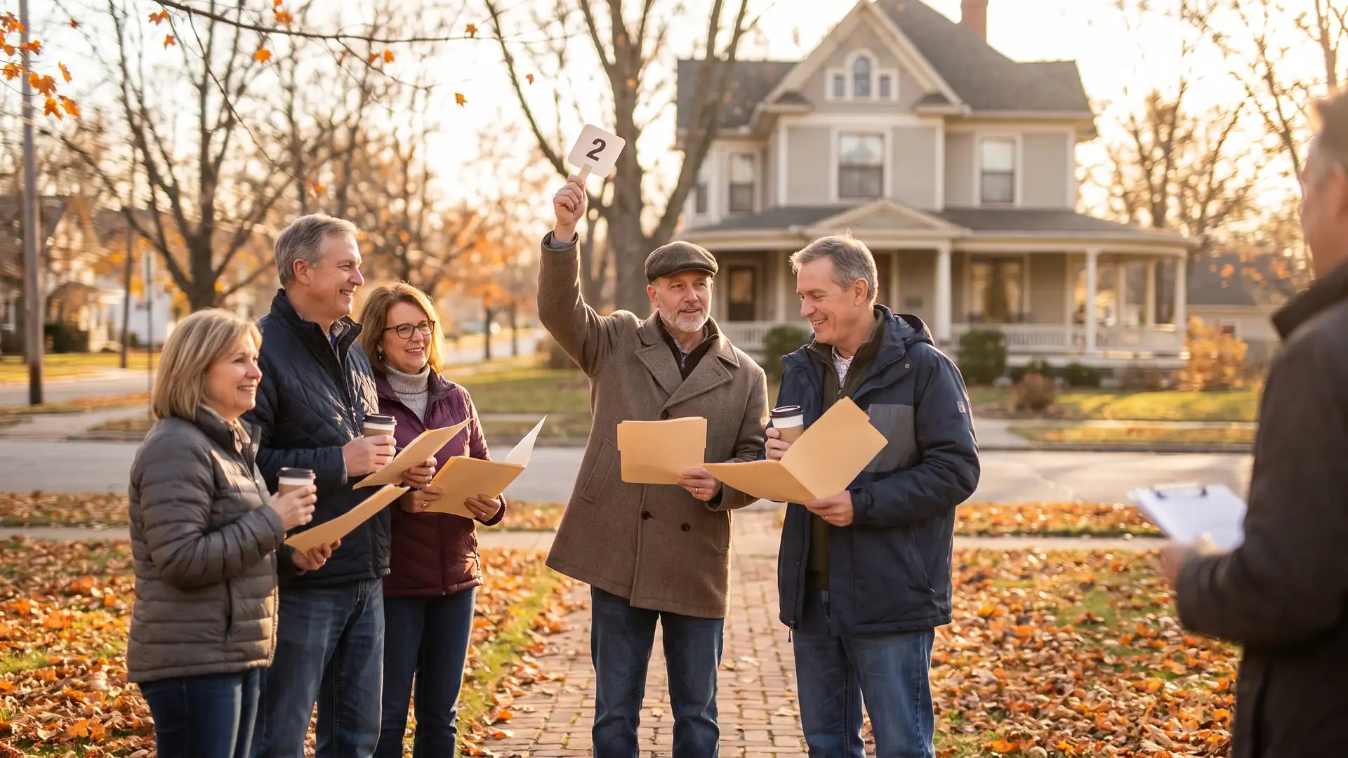 Bidders gathered outside a county courthouse raising hands to purchase a home at auction