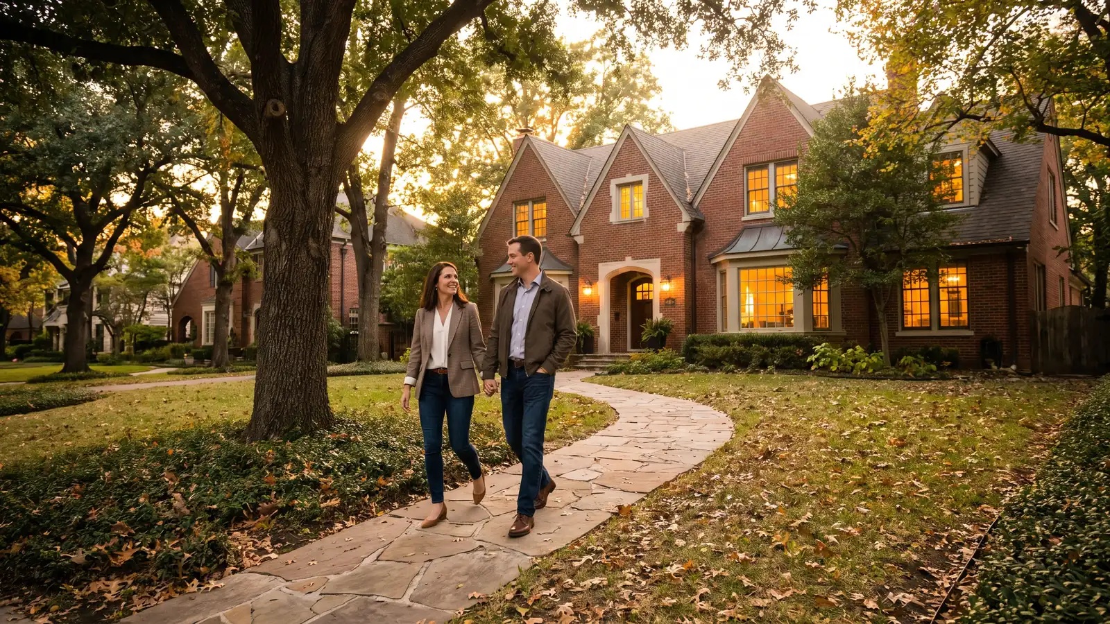 Couple approaching a large brick Michigan home of the price range that requires qualifying for a jumbo loan