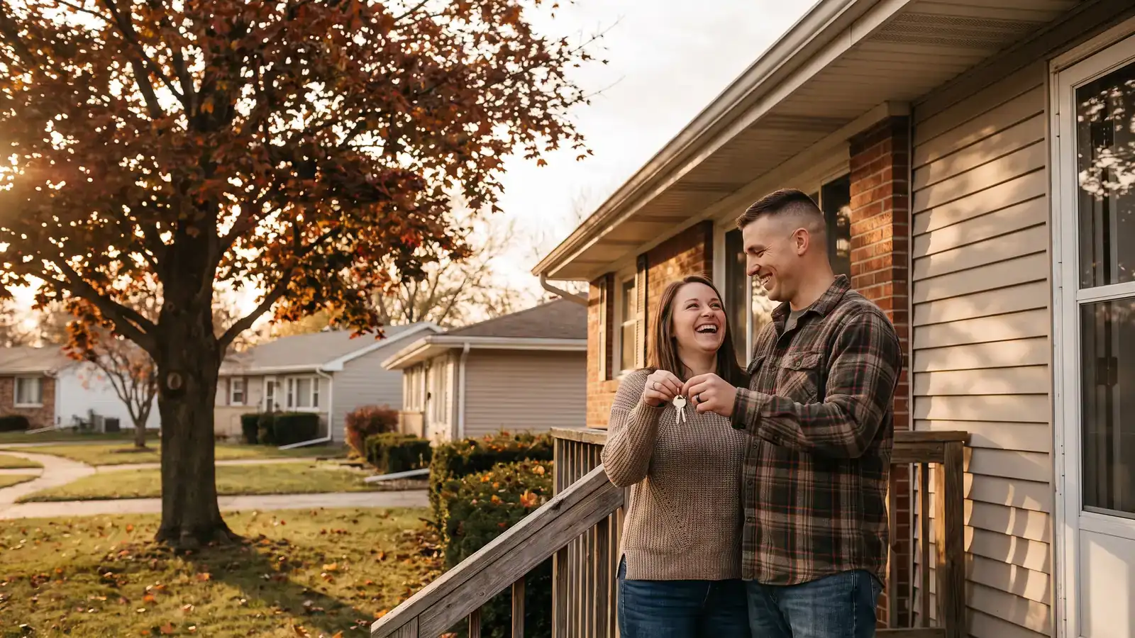 Veteran and spouse holding keys on the porch of a Michigan brick ranch after learning how to qualify for a VA loan