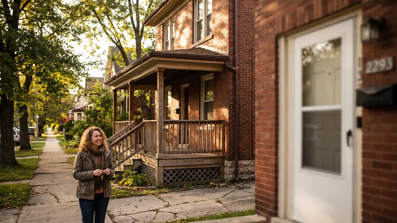 Investor standing in front of a brick duplex she plans to refinance as an investment property