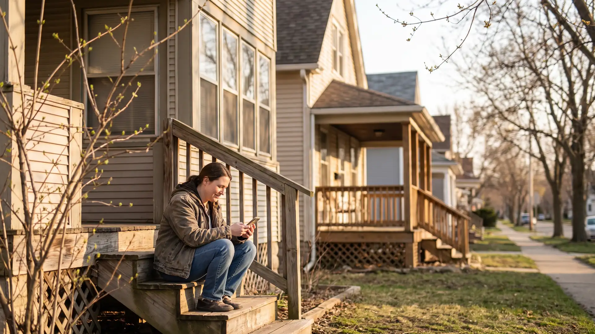 Homeowner on her front steps checking eligibility to refinance a mortgage after forbearance
