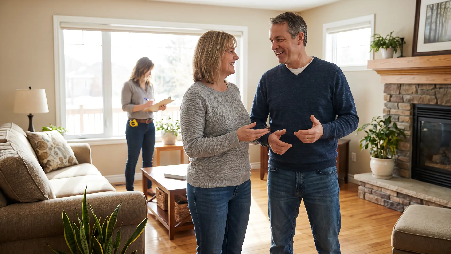 Homeowners walking through their living room during an appraisal that could come in low on a refinance