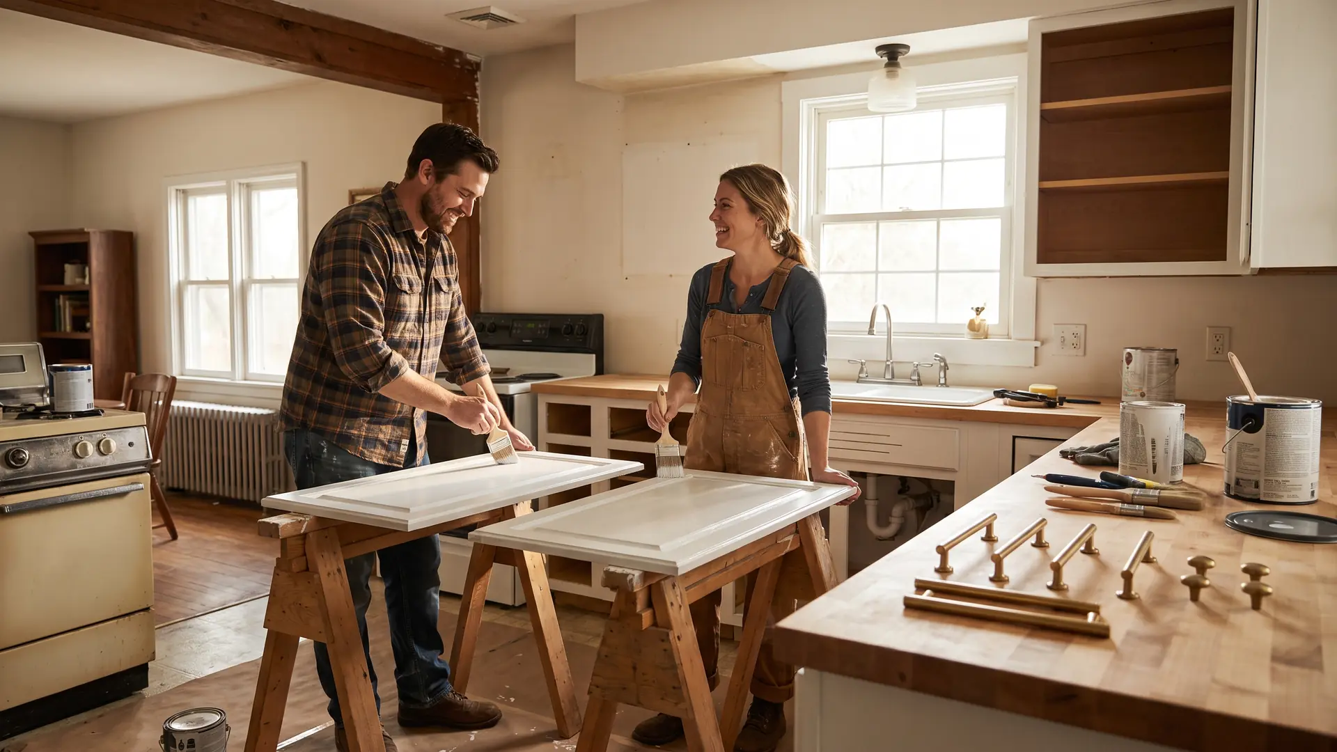 Couple painting cabinet doors on sawhorses during a budget kitchen renovation in a Midwestern home