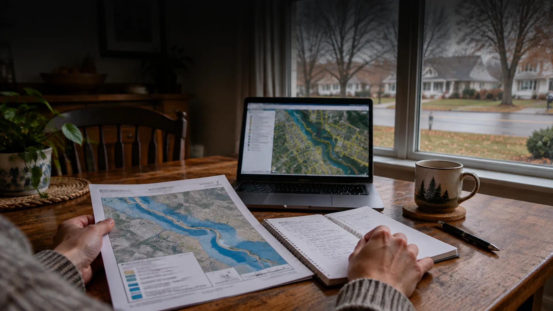 A person at a kitchen table reviewing a printed flood map and a notebook beside a laptop showing a county map, a quiet residential street in the window