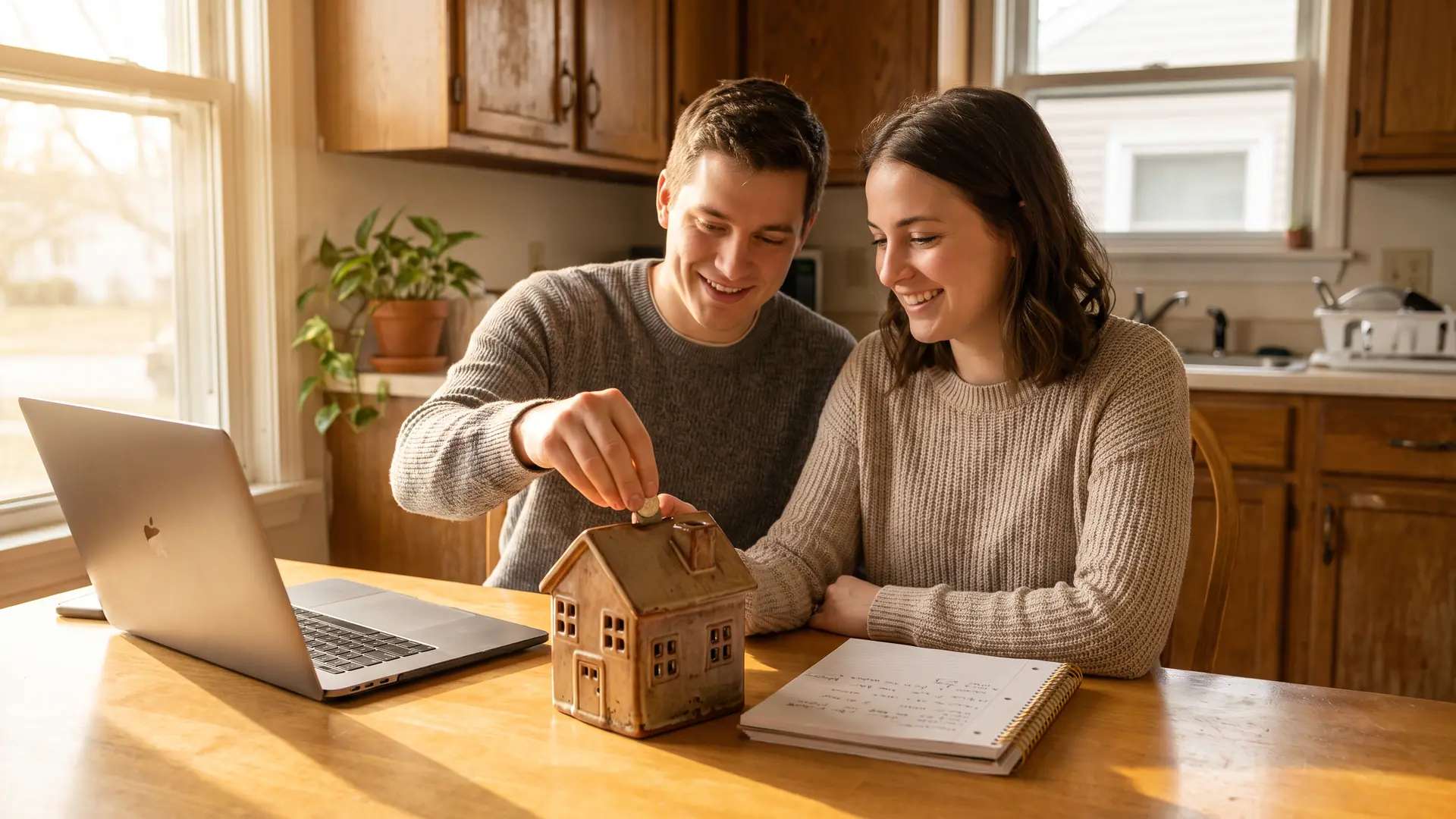 Young couple adding savings to a house-shaped bank while working to save for a down payment