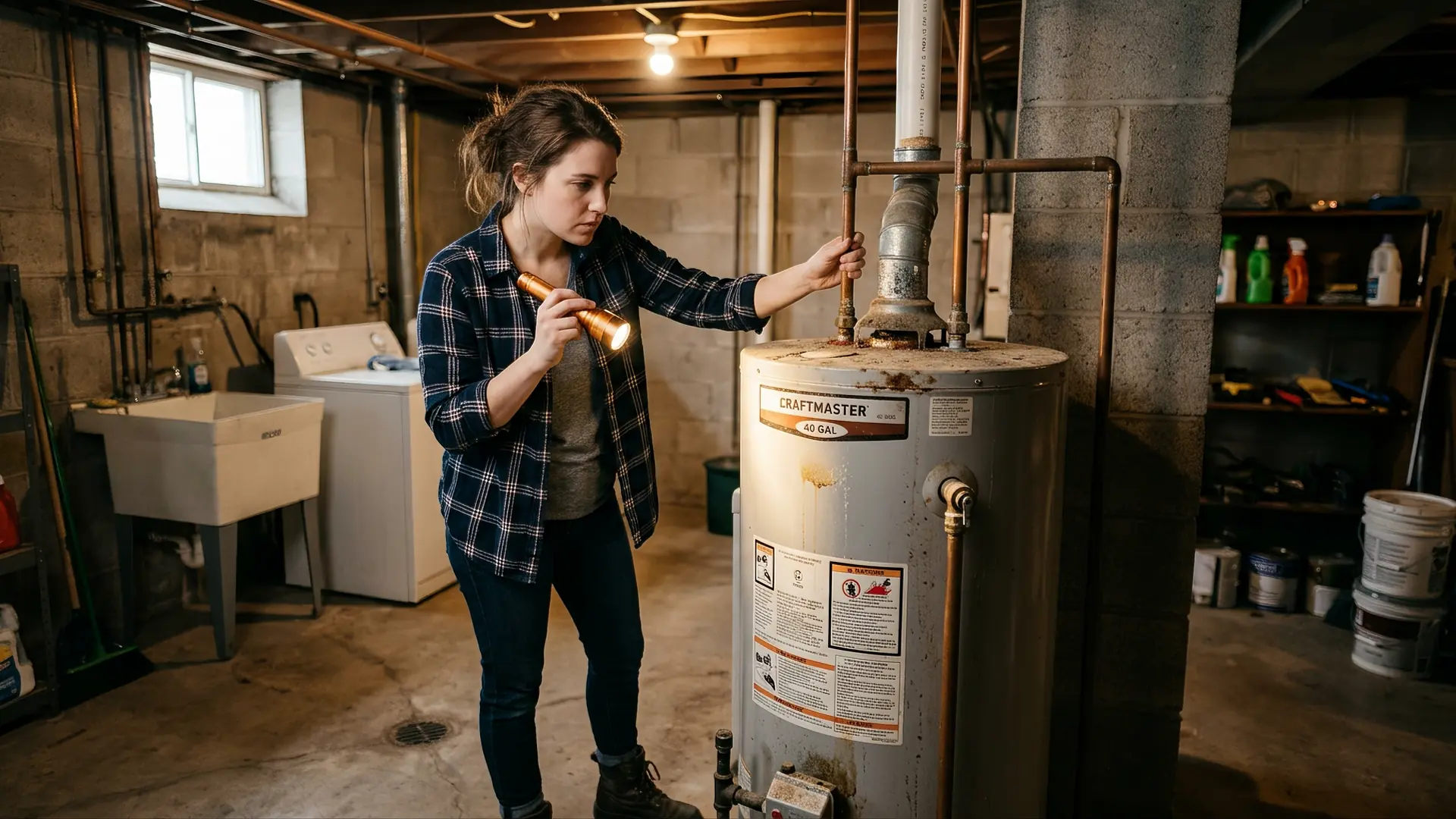 Homeowner inspecting a water heater, one of the hidden costs to spot in a home purchase
