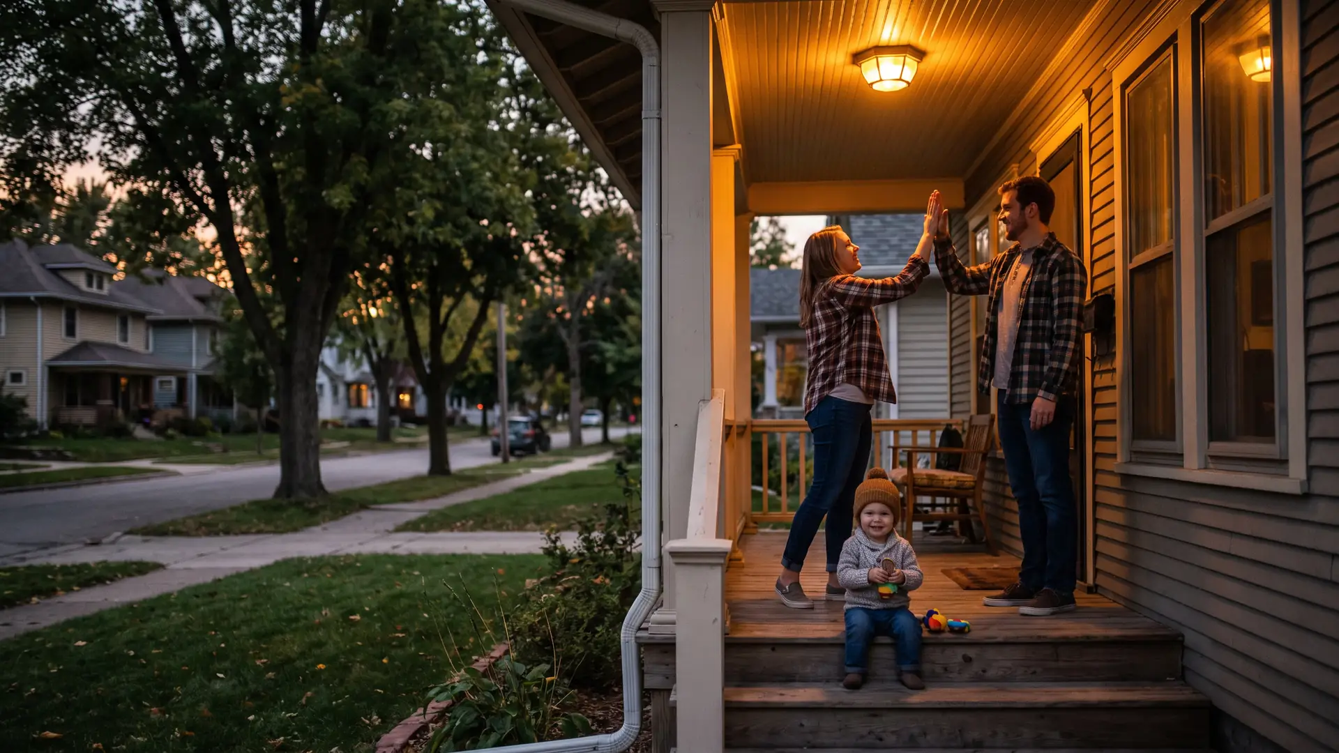 Family celebrating on the porch after winning a house in a seller's market