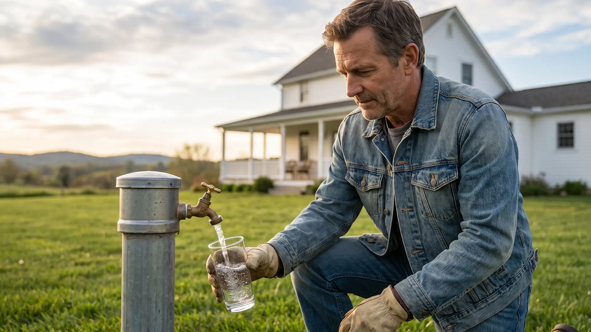 Rural homeowner checking water at a private well, a key factor in how well water impacts a home's value