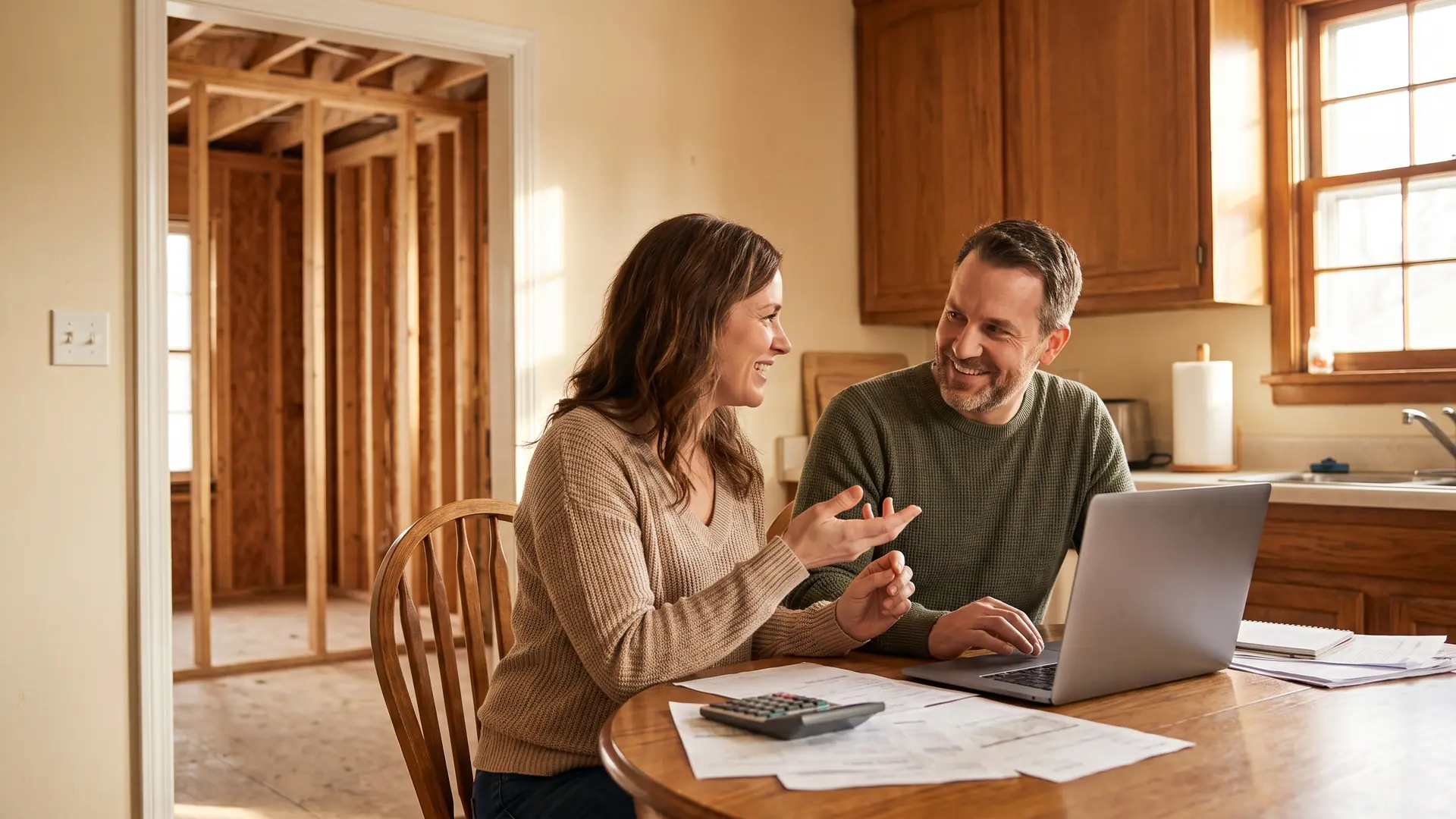 Couple at a kitchen table reviewing finances with a room addition under construction behind them, weighing property taxes