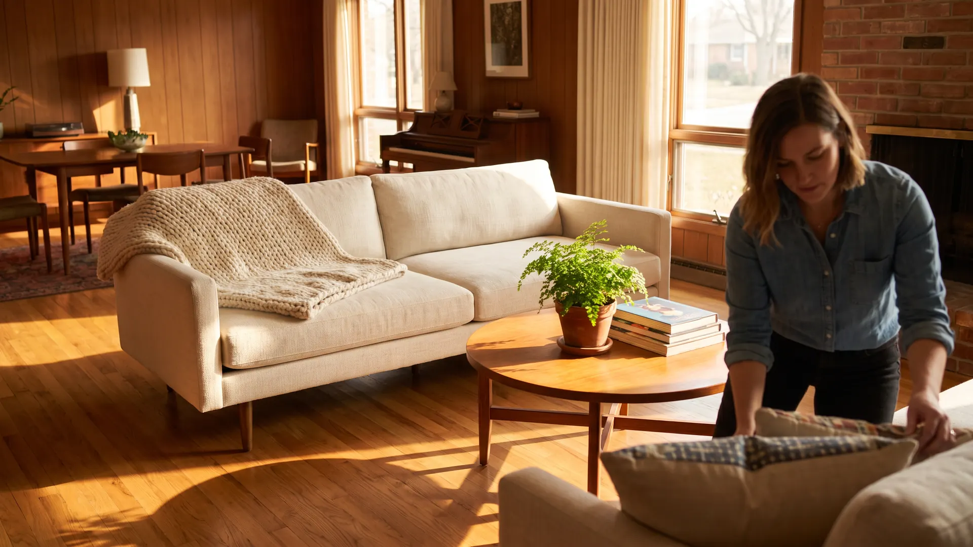 Stager adjusting cushions in a neutral, sunlit living room showing the impact of home staging on sale price