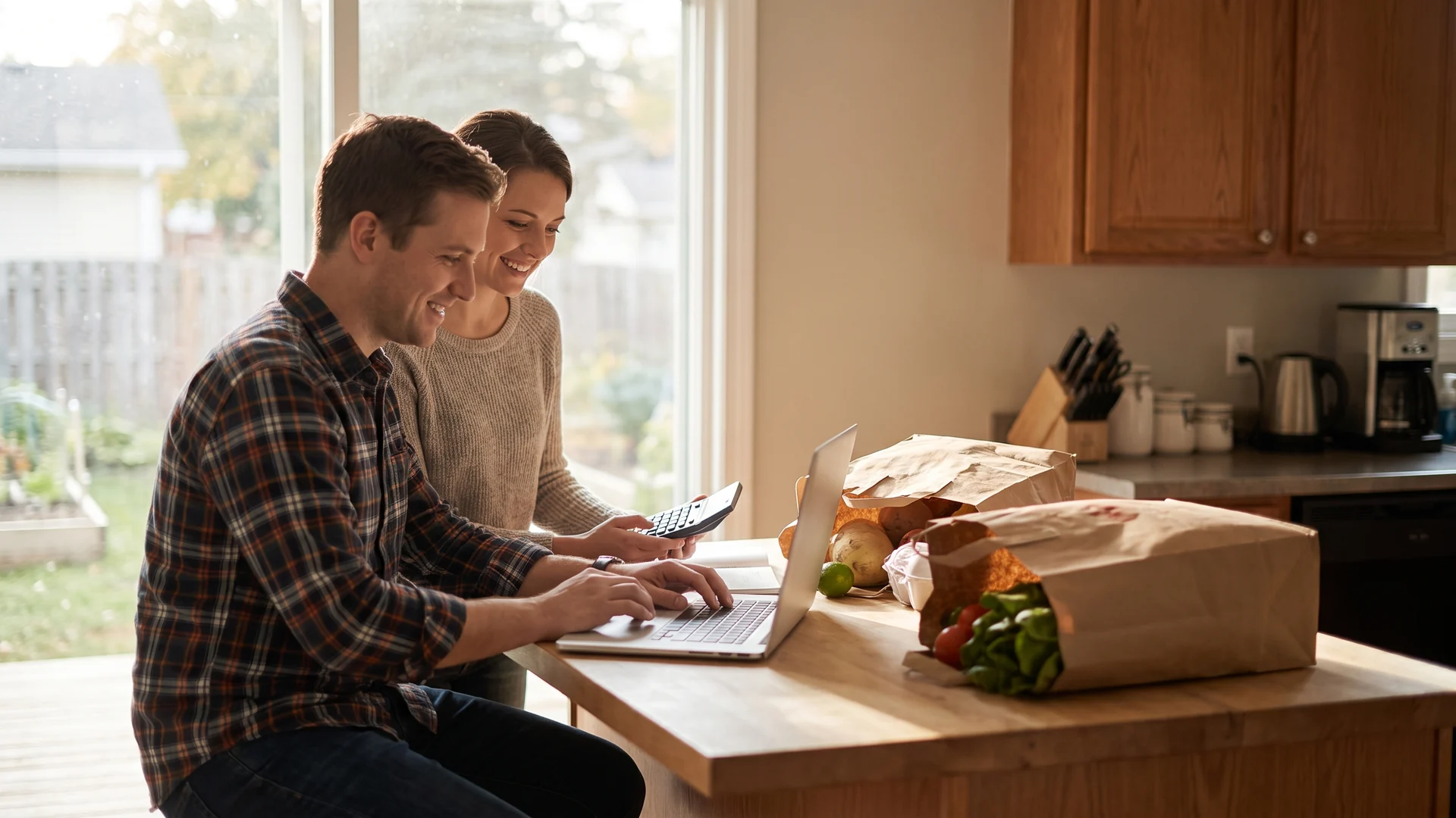 Couple working through a home budget at their kitchen island, showing the impact of inflation on home prices