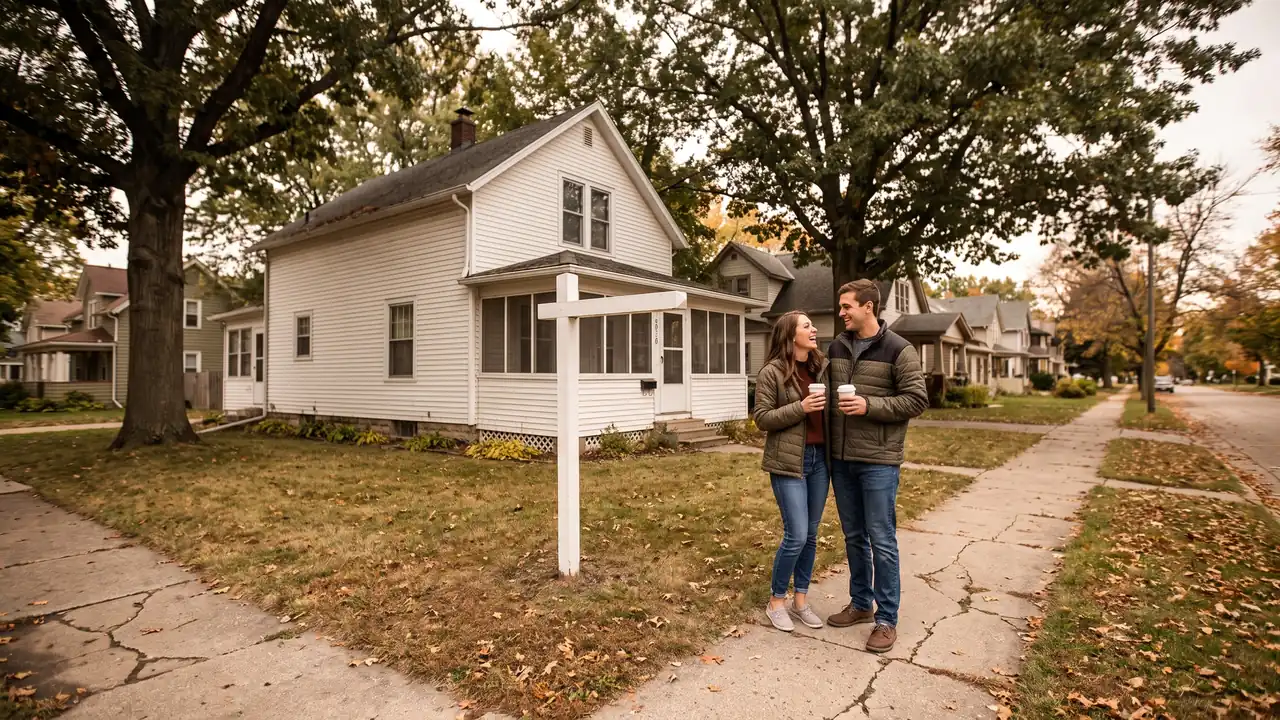Couple standing outside a home for sale, weighing how interest rates affect home prices and their monthly payment