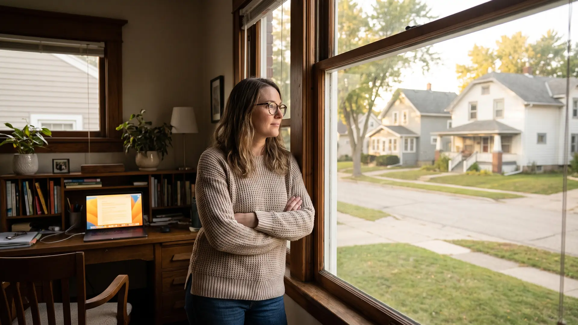 Real estate investor at a home office window weighing how interest rates affect her rental property returns