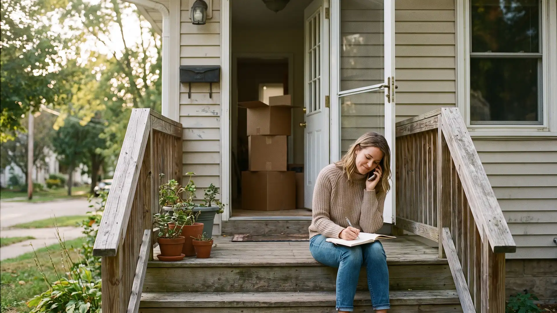 Home buyer on her front steps calling about a rate lock, showing how mortgage rate volatility affects housing decisions